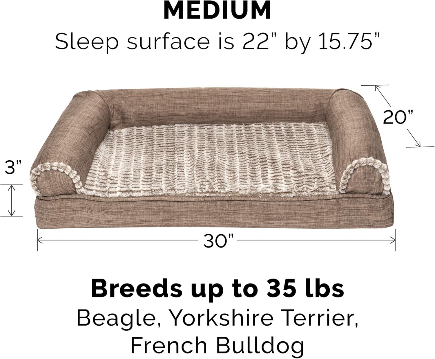 Furhaven Pet Bed for Dogs and Cats - Luxe Fur and Performance Linen Sofa-Style Egg Crate Orthopedic Dog Bed, Removable Machine Washable Cover - Woodsmoke, Medium : Pet Supplies