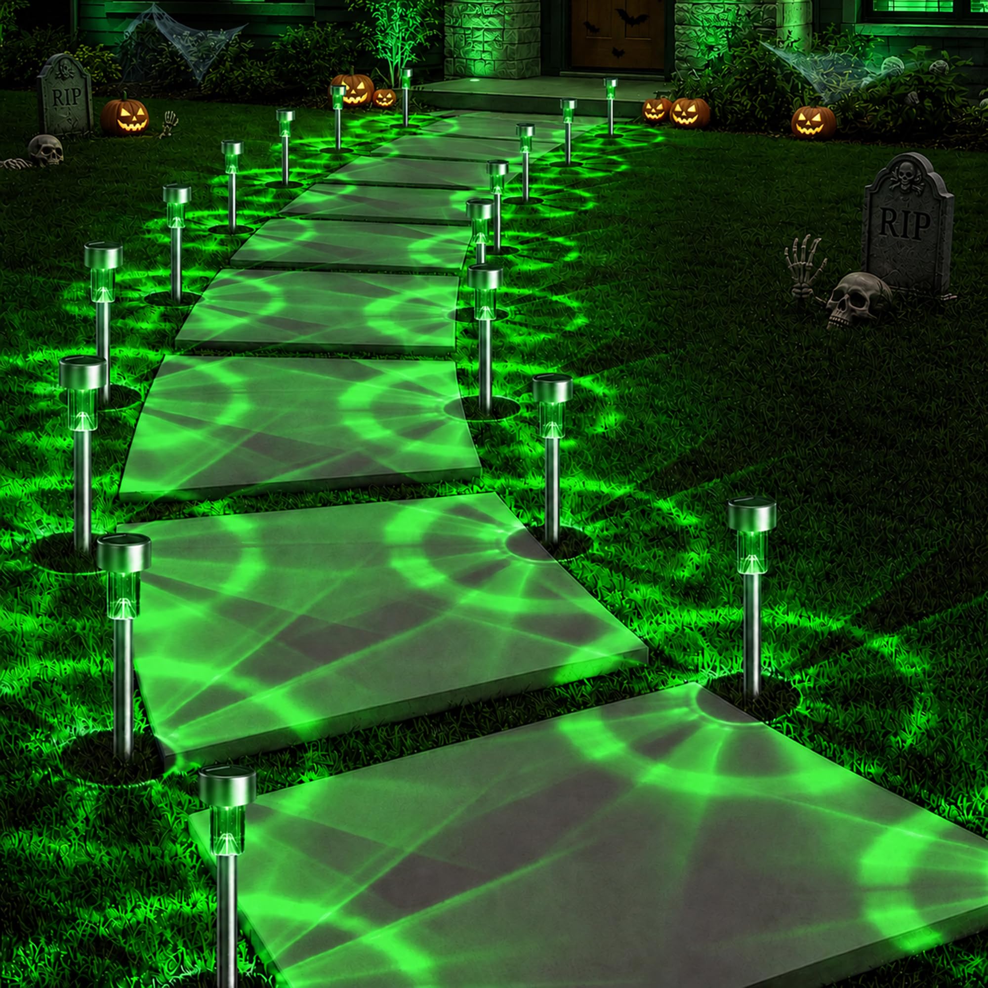 GIGALUMI Green Solar Pathway Lights, 20-Pack Outdoor Halloween Decor | Waterproof LED stainless stakes for yard, garden, driveway, walkway. Green glow creates spooky atmosphere.