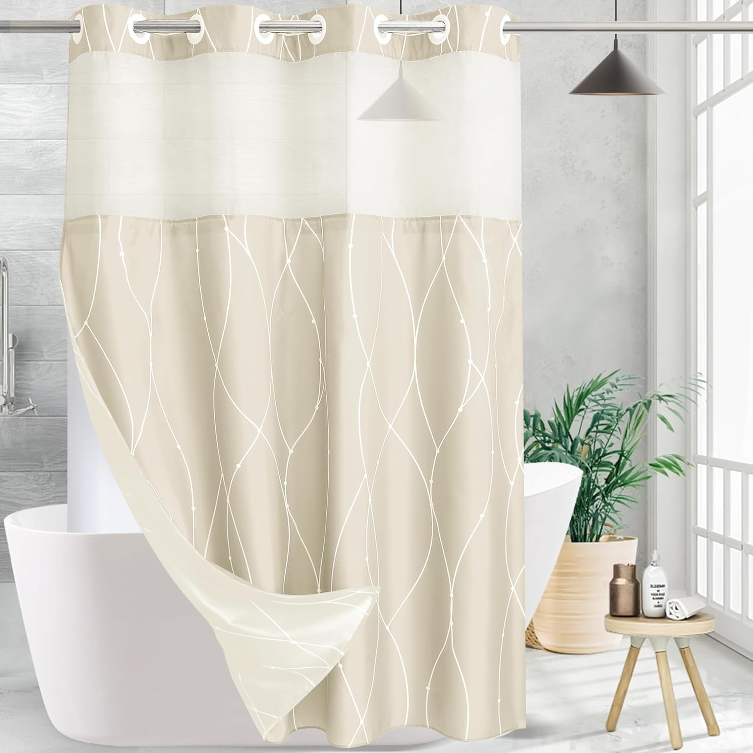 Beige White Striped Fabric Shower Curtain with Snap in Liner for Bathroom Bathtubs,Hotel Shower Curtain and Liner Set with See Through Mesh Top Window,Machine Washable (54" W X 74" H)