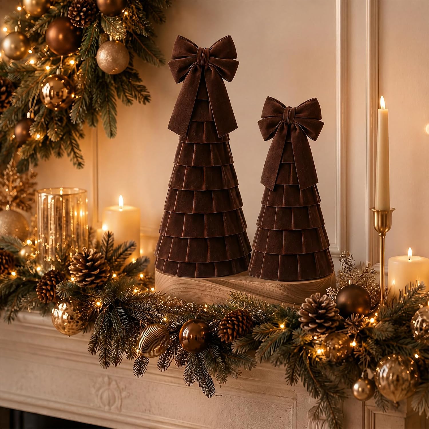 Vicenpal 2 Pcs Chocolate Brown Christmas Trees Tabletop Decor Decorative Pleated Bow Velvet Christmas Trees for Table Centerpiece Home Bookshelf Office Winter Mantel Accents Holiday Decorations image 3
