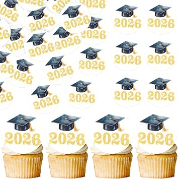 Rsstarxi 60 Pack Gold Edible 2026 Graduation Cap Cupcake Toppers Wafer Paper Class of 2026 Grad Cap Cupcake Picks Decors for 2026 Graduation Theme Party Cake Decorations Supplies