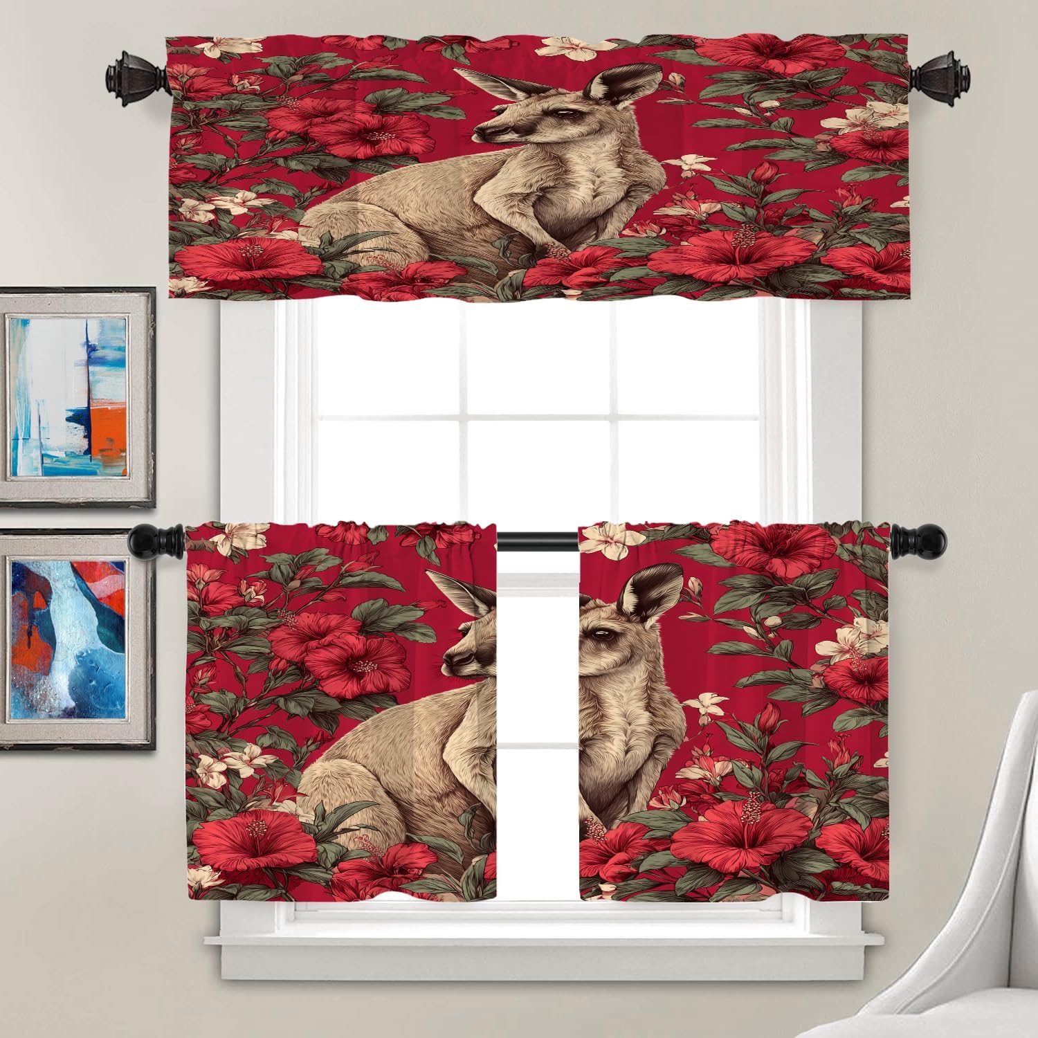 Batmerry Cute Kangaroo Thermal Insulated Valances for Windows,Kangaroo Among Red Hibiscus Kitchen Curtains and Valances Set Blackout Short Valance for Bathroom, 2 Pack 52X18 Inches