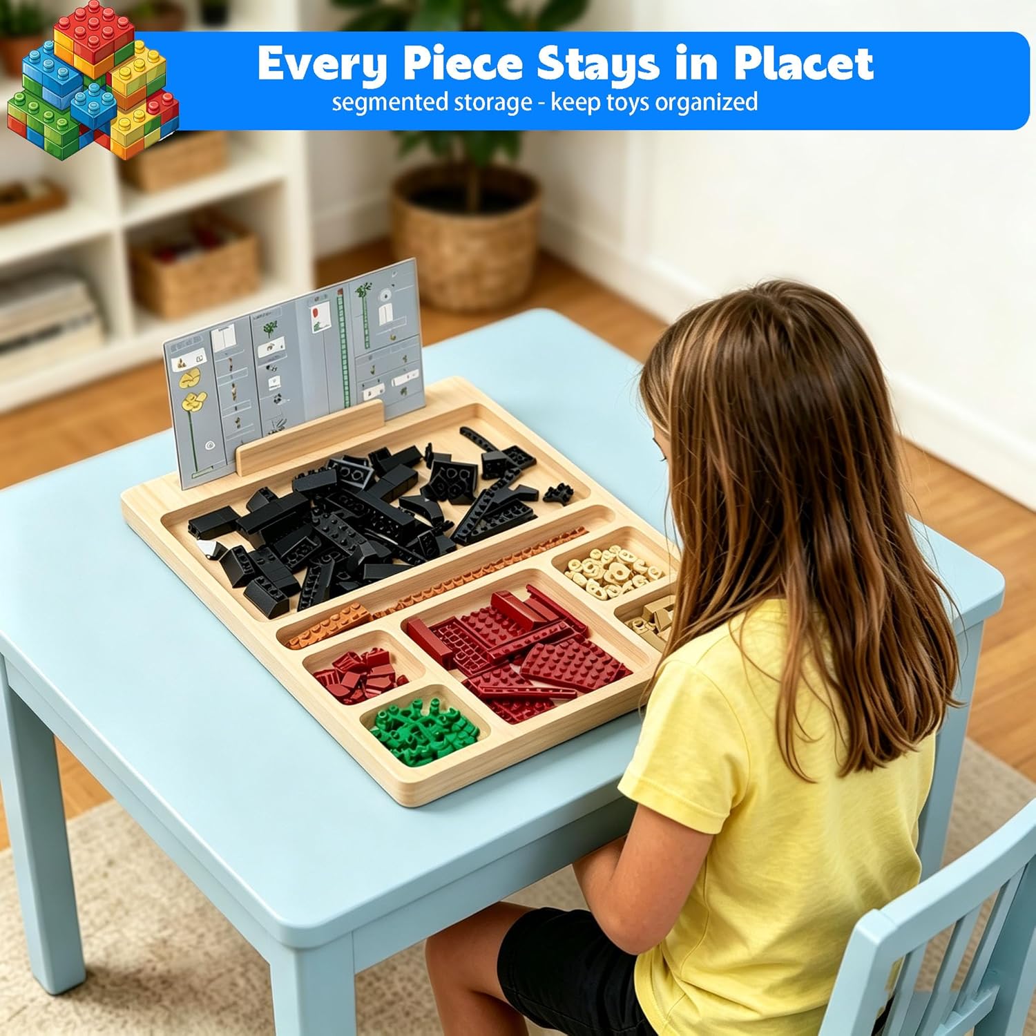 Deepened Building Baseplate Table Tray for Lego, 7 Compartment Building Tray Board with Instruction Holder, Multi-Functional Sensory Activity Platform for Adults & Seniors