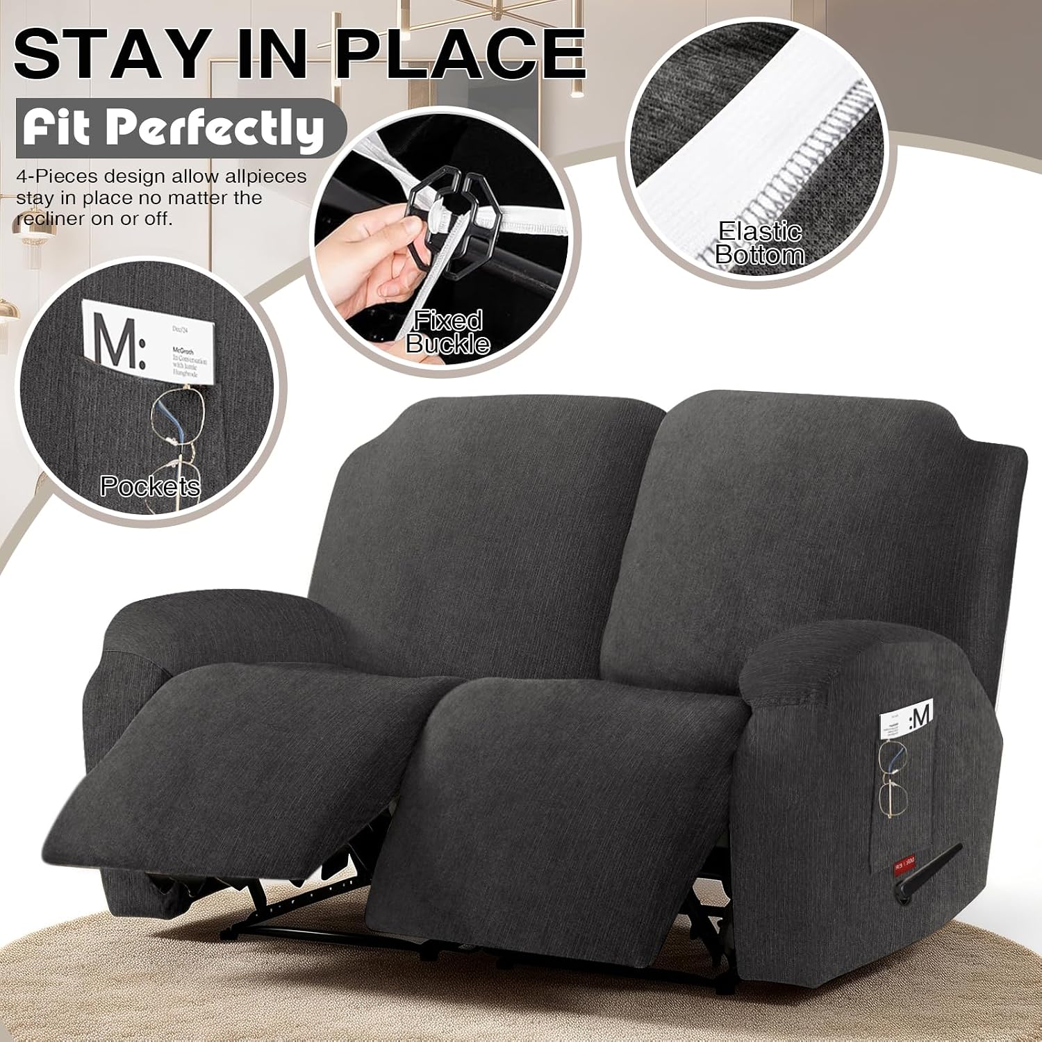 4 Pieces Stretch Recliner Loveseat Covers, Plush Fabric Slipcovers with Elastic Bottom for Furniture Protector Pet Friendly (2 Seater, Dark Gray)