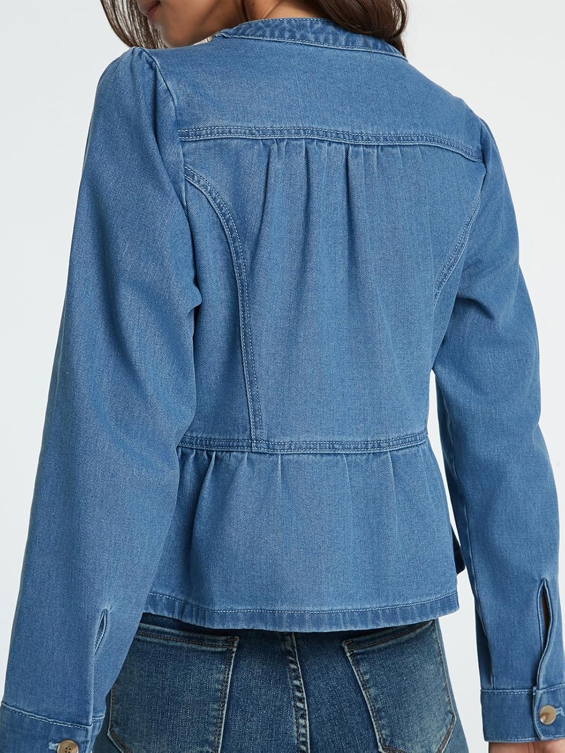 Jean Jacket for Women Peplum Hem Puff Long Sleeve Button Down Collarless Round Neck Denim Jacket Top - Image 3