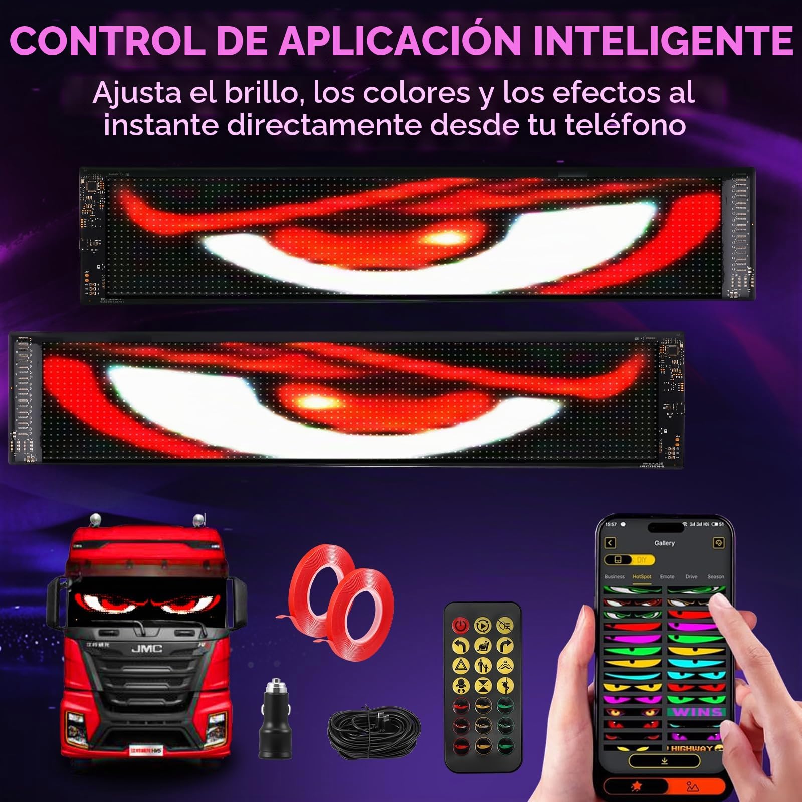 2 PCS Ojos LED para Camión (12 x 60 cm), Ojos Led para Coche con App y Control Remoto, Pantalla LED Programable, Devil Eyes para Coche, Diseño Dinámico DIY