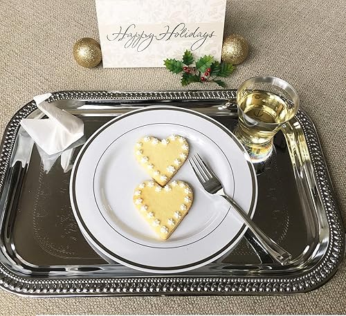 Miniatura 8 de Placas plásticas y cubertería de plata JL primer 125 pieza para 25 huéspedes, pesados platos de plástico desechables borde de plata y cubiertos para