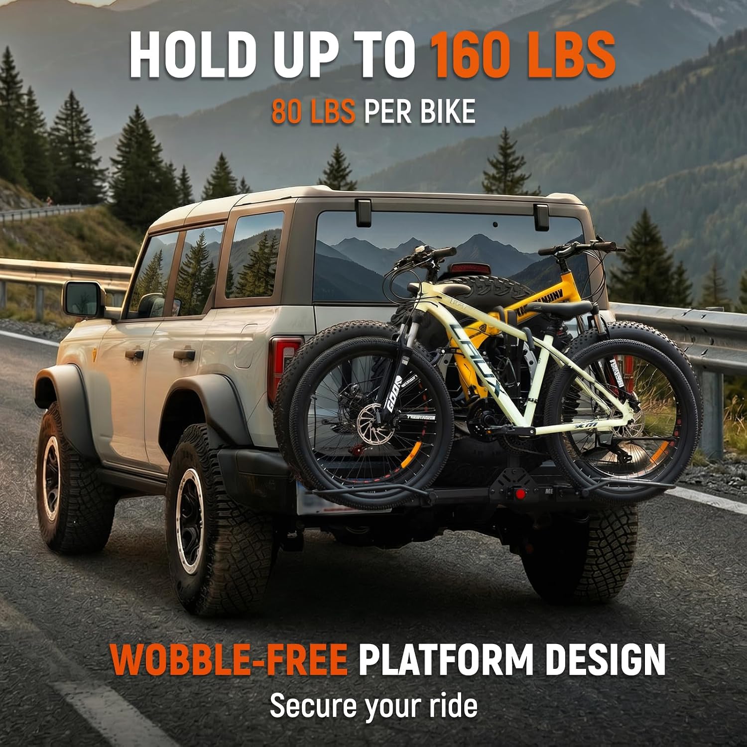 Two bicycles loaded onto the MEEVIZ bike rack on the back of an SUV