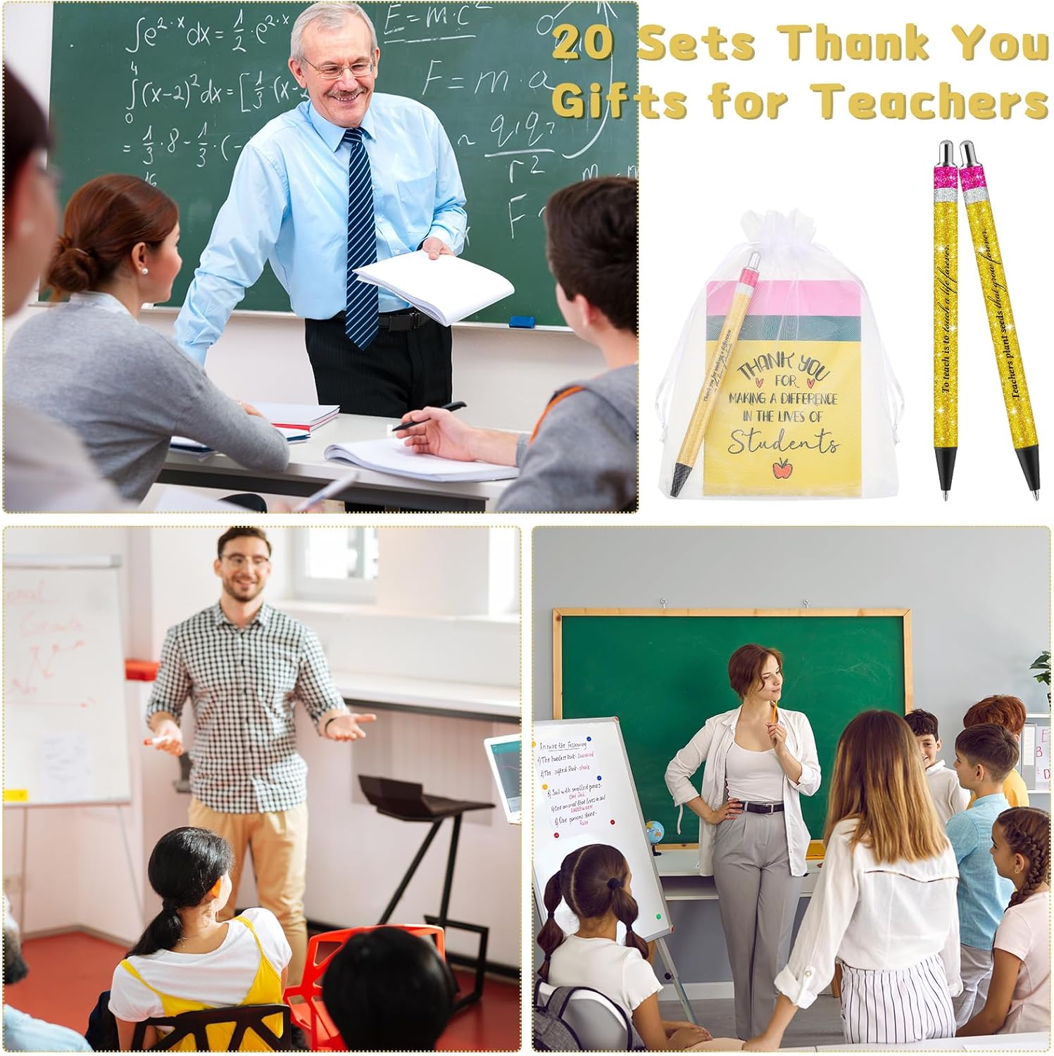 ReliThick 20 Sets Teacher Appreciation Week Teachers Notebook Pens Bulk Inspirational Notebook Journal Glitter Ballpoint Pens with Organza Bag for Woman Employees Coworker Staff Team