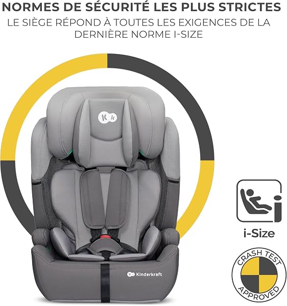 Kinderkraft COMFORT UP i-Size 76 et 150 cm, Siège auto bébé Groupe 1/2/3 de 9 à 36 kg, 15 mois à 12 ans, Têtière ajustable, 11 niveaux de réglage, Harnais de sécurité 5 points, Housse amovible, Gris - 2
