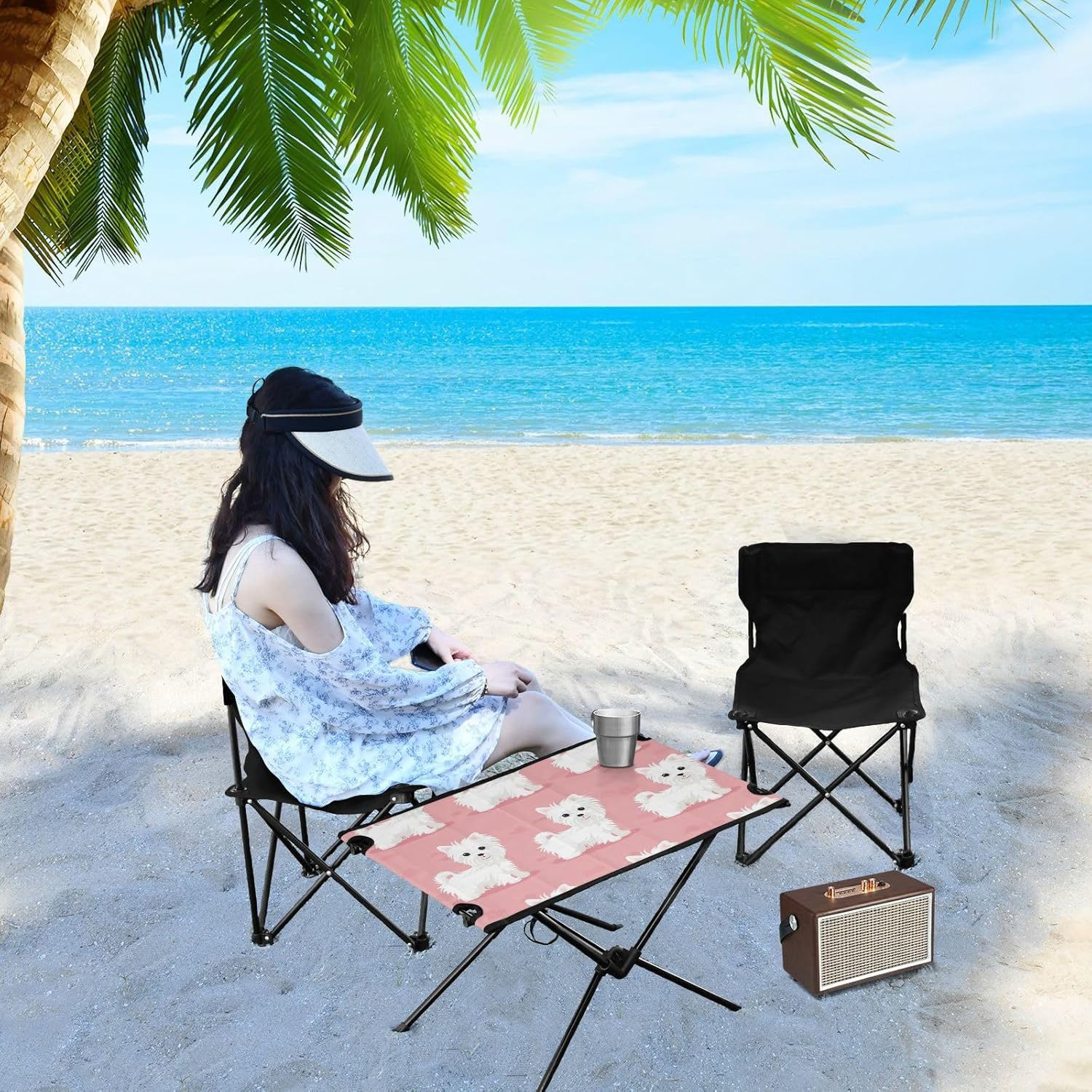 Foldable Outdoor Table Cartoon Puppy Compact Oxford Picnic Table with Carry Bag for Sand Outdoor Picnic