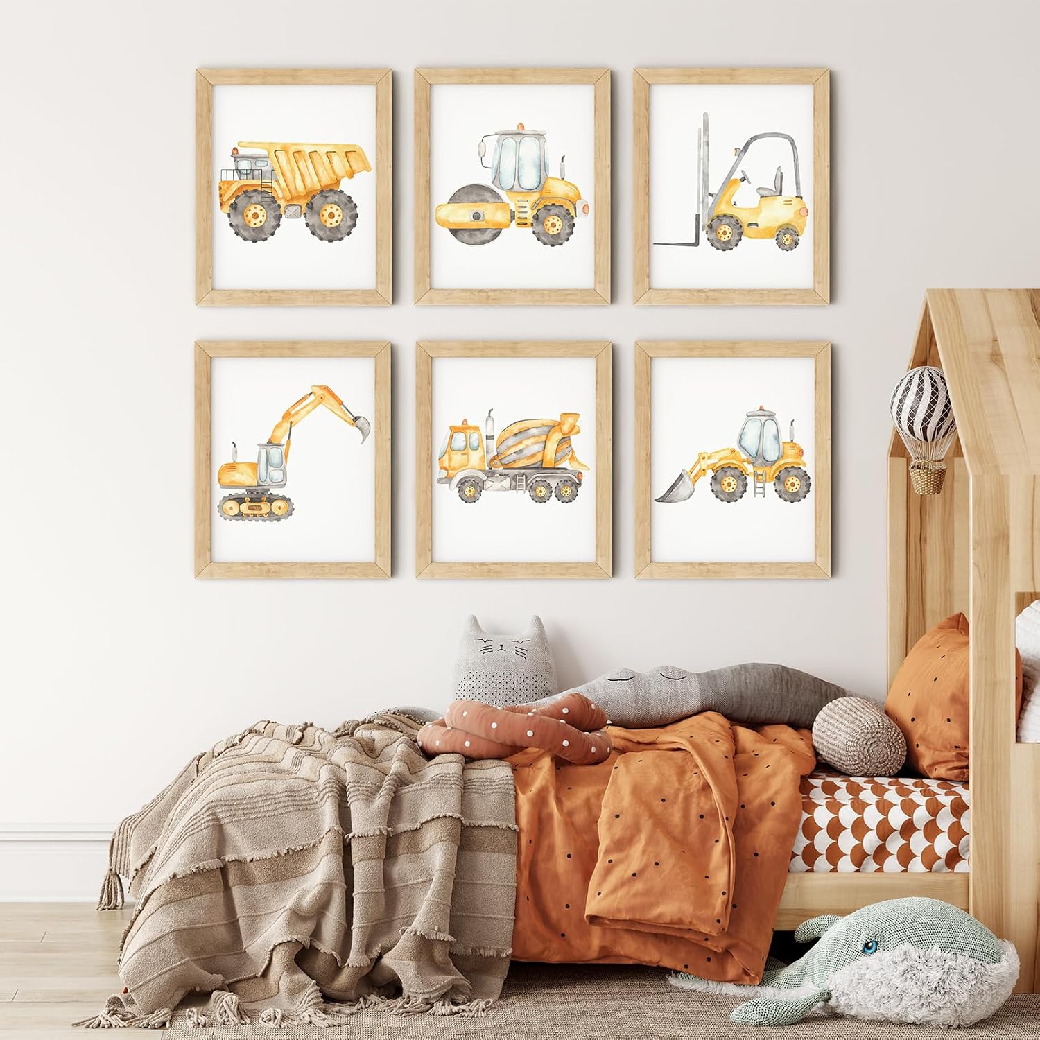 Set of 6 Construction Truck Wall Art Decor Toddler Boys Room Canvas Paintings Orange Watercolor Tractor Vehicle Poster Pictures Nursery Dump Truck Wall Art Prints for Boys Bedroom 12x16 Inch Unframed