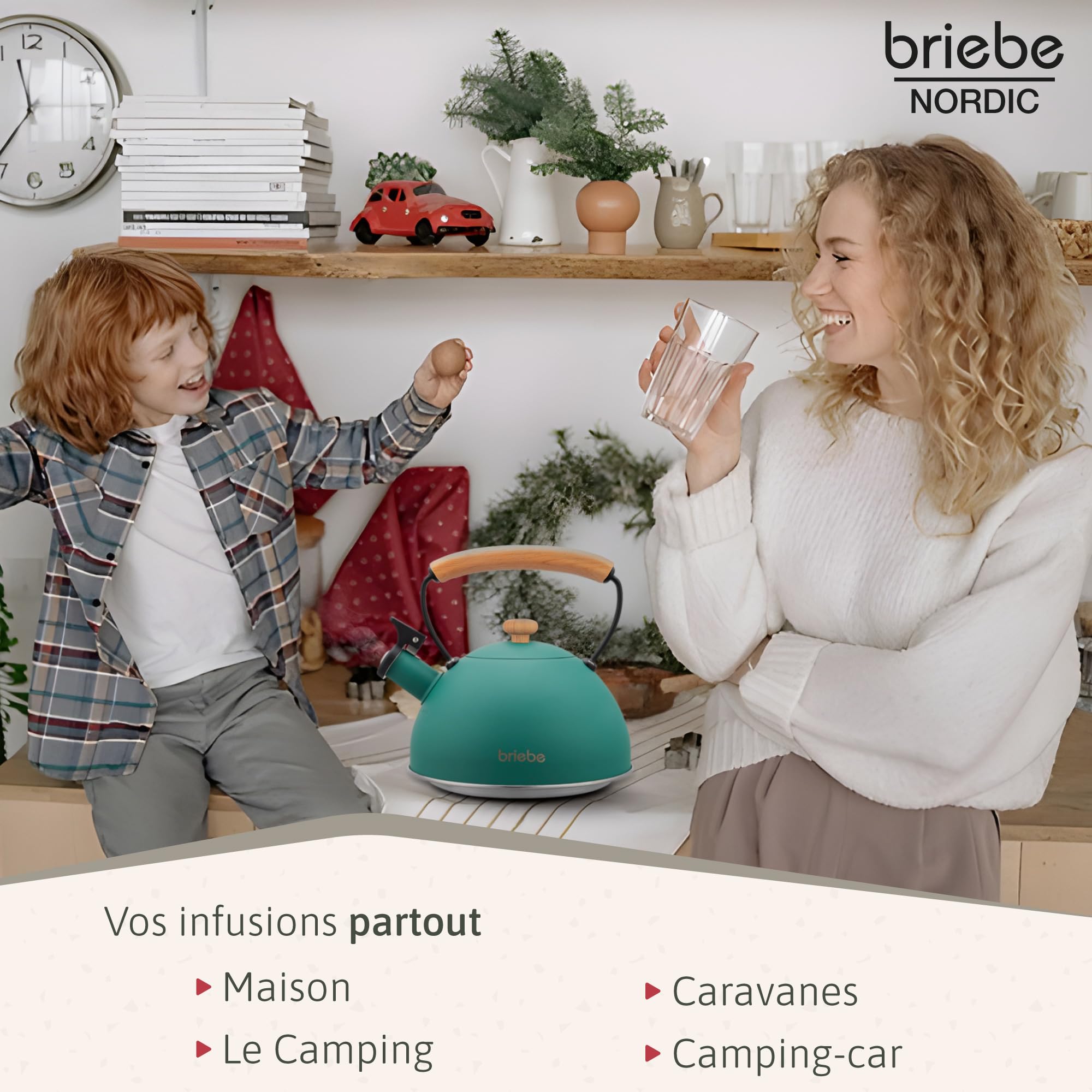 briebe Nordic Ensemble Grille Pain 2 Fentes Tranches Larges, 6 Niveaux de Dorage + Bouilloire Induction Sifflante 2,3L, Acier Inoxydable, sans BPA, Pack Petit Déjeuner, Design Nordique, Vert