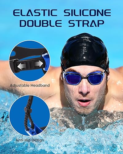 Miniatura 6 de Gafas de natación, gafas para adultos con gorro de natación, clip de nariz y tapones para los oídos, protección UV, lente antivaho y funda, para