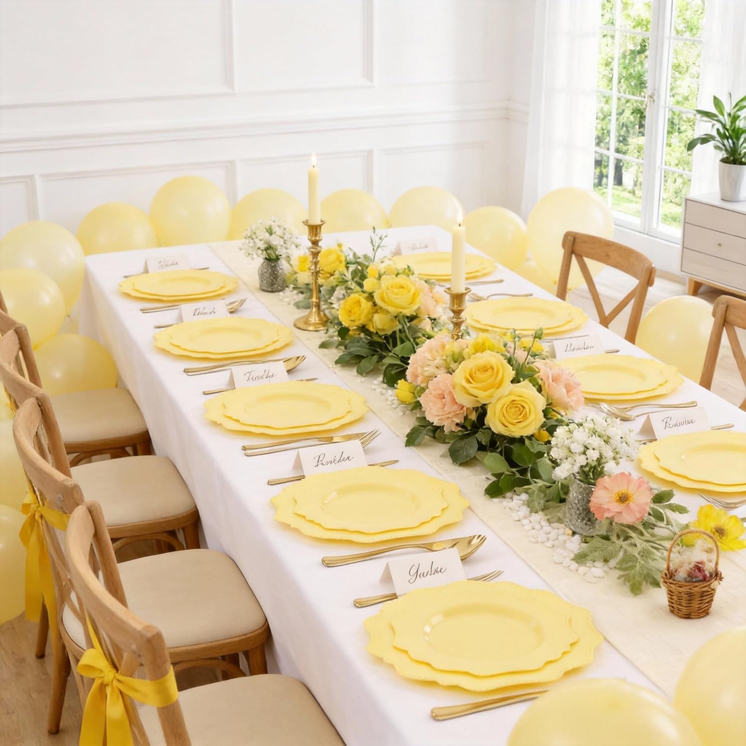 COLOSUS Disposable Lemon Yellow Plastic Plates 60Pcs, Thanksgiving Plastic Plates.,Light Baby Yellow Party Plates, Heavy Duty 30 Dinner plate 10.5" and 30 Salad/Dessert Plate 8.25" for Wedding,Party
