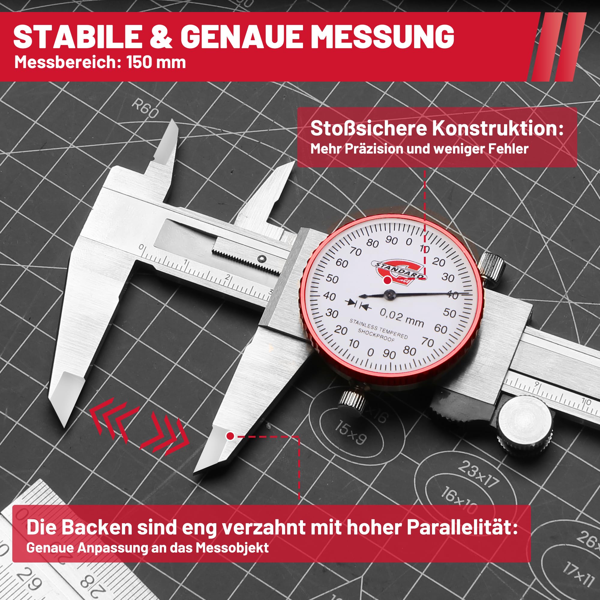 Messschieber mit Uhr 150mm, Metrischer Uhrenmessschieber, Ablesung 0,02 mm, Stoßfestes Zifferblatt Messschieber mit 4-Wege-Messungen, Hochpräziser Messwerkzeug für Messinstrument, DIY