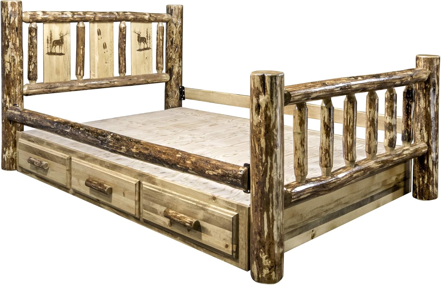 Montana Woodworks Glacier Country Collection Queen Storage Bed with Laser Engraved Elk Design