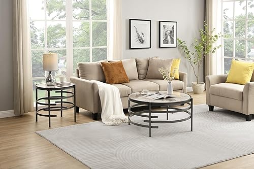 Miniatura 17 de Mesa auxiliar redonda de 20.7 pulgadas, mesa auxiliar redonda de piedra sinterizada, mesa auxiliar con marco de metal dorado, mesa decorativa