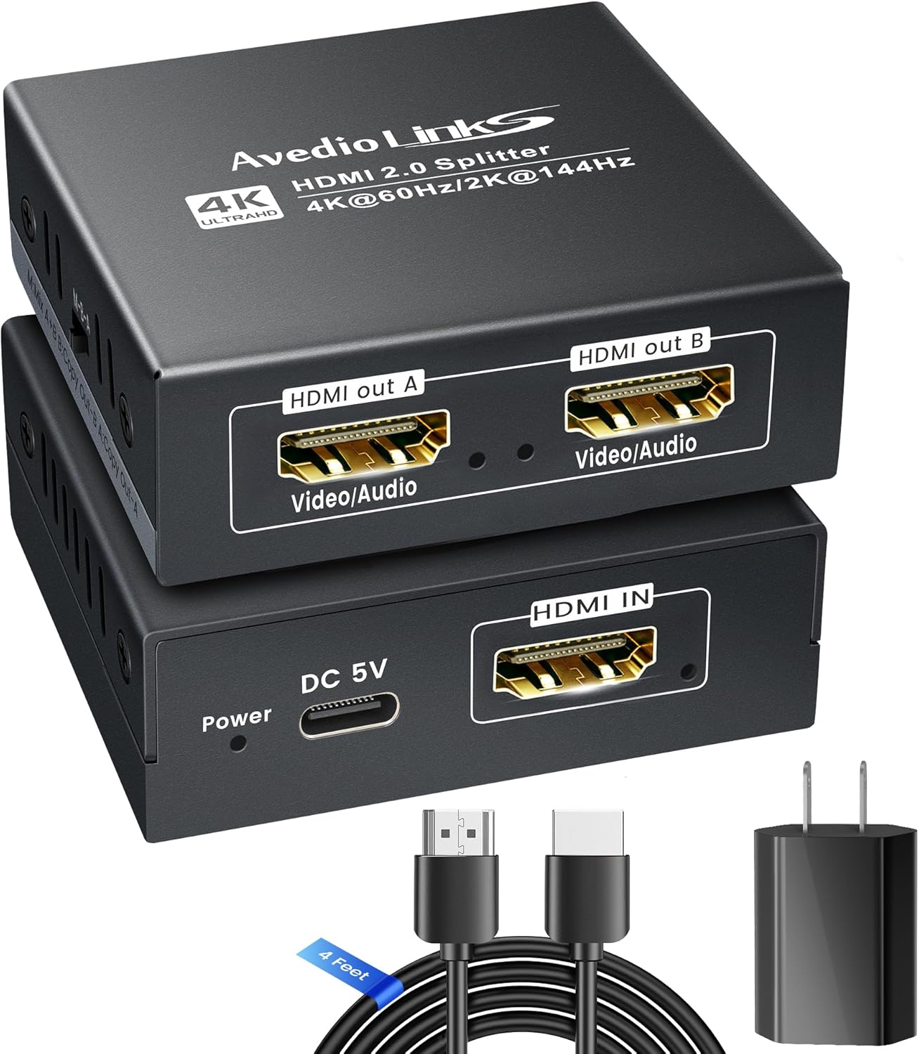 HDMI Splitter 1 in 2 Out 4K@60Hz w/ 4ft HDMI Cable, HDCP Bypass HDMI Audio Splitter for Soundbar, Support Dobly Vision/Atmos 7.1ch,Down Scaler 4K 1080P Sync, 2K@144Hz,Work for Firestick, PS4/5, Roku