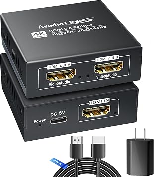 4K@60Hz HDMI Splitter 1 in 2 Out w/ 4ft HDMI Cable, HDMI Audio Splitter for Soundbar, Support Dolby Vision/Atmos 7.1ch, Downscaler 4K/1080P Sync, 1080P@120Hz, 2K@144Hz, Work for Firestick, PS5, Roku