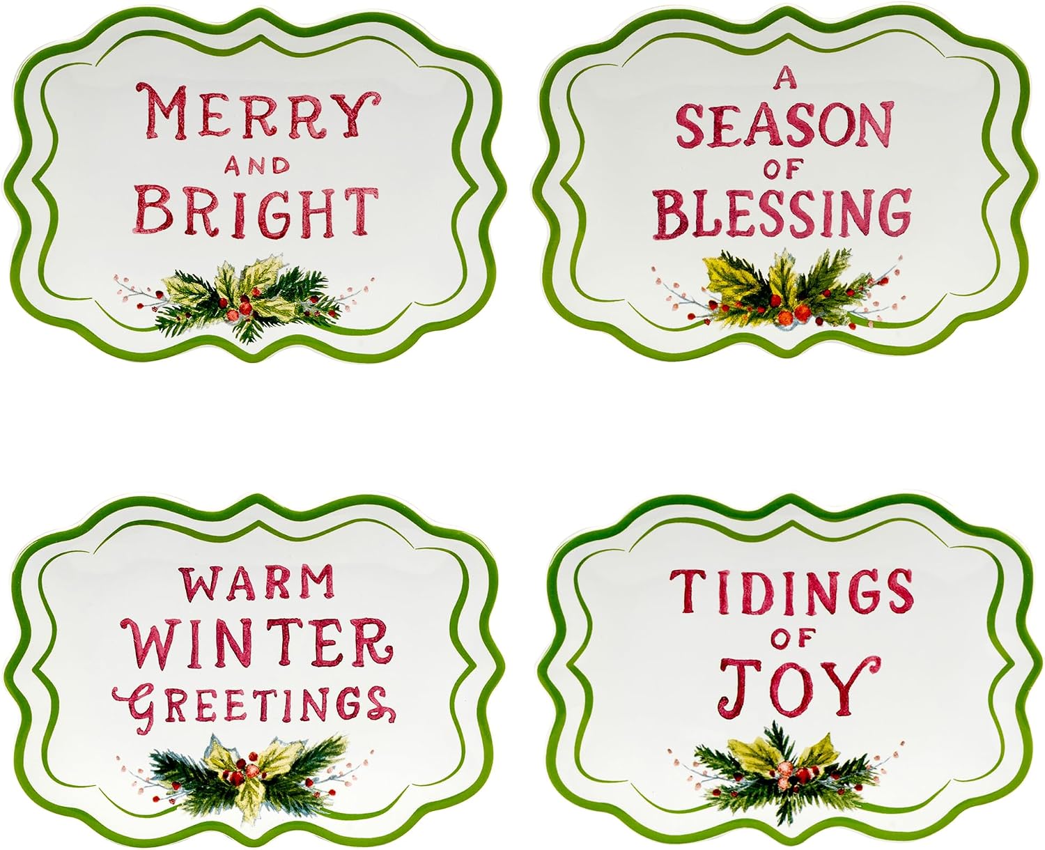 Snowman Greetings Set of 4 Ceramic Canape Plates – Adorned with jolly snowmen and wintry scenes, these small plates are perfect for festive entertaining 6"