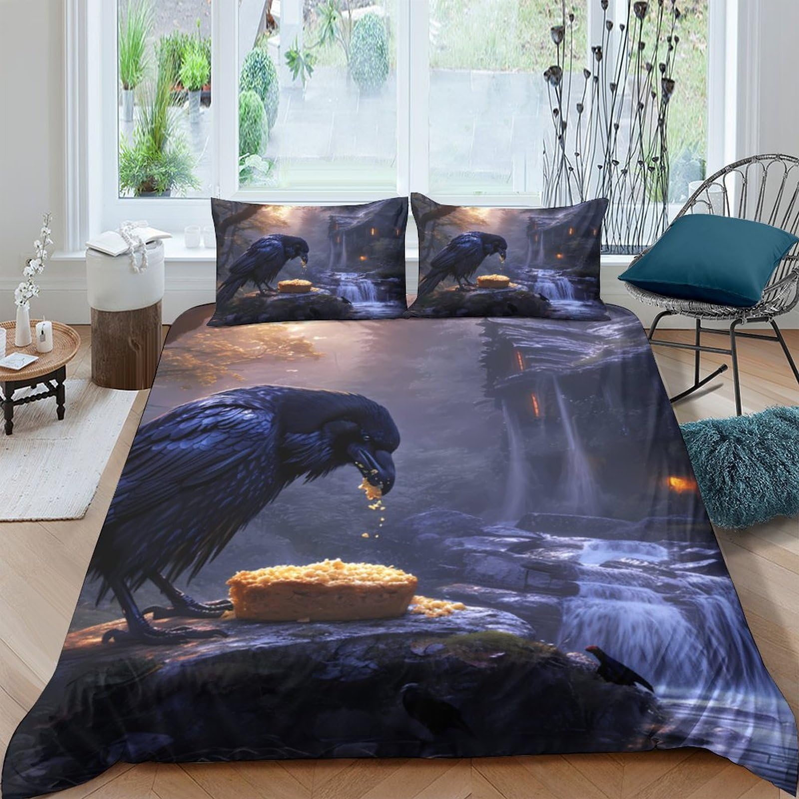 Ctjqhvkz Style-6 3D Printed Dark Raven Fitted Sheet Microfiber Soft Breathable Forest Bed Cover For Bedroom Dorm Mattress Decor Single（135X200cm）