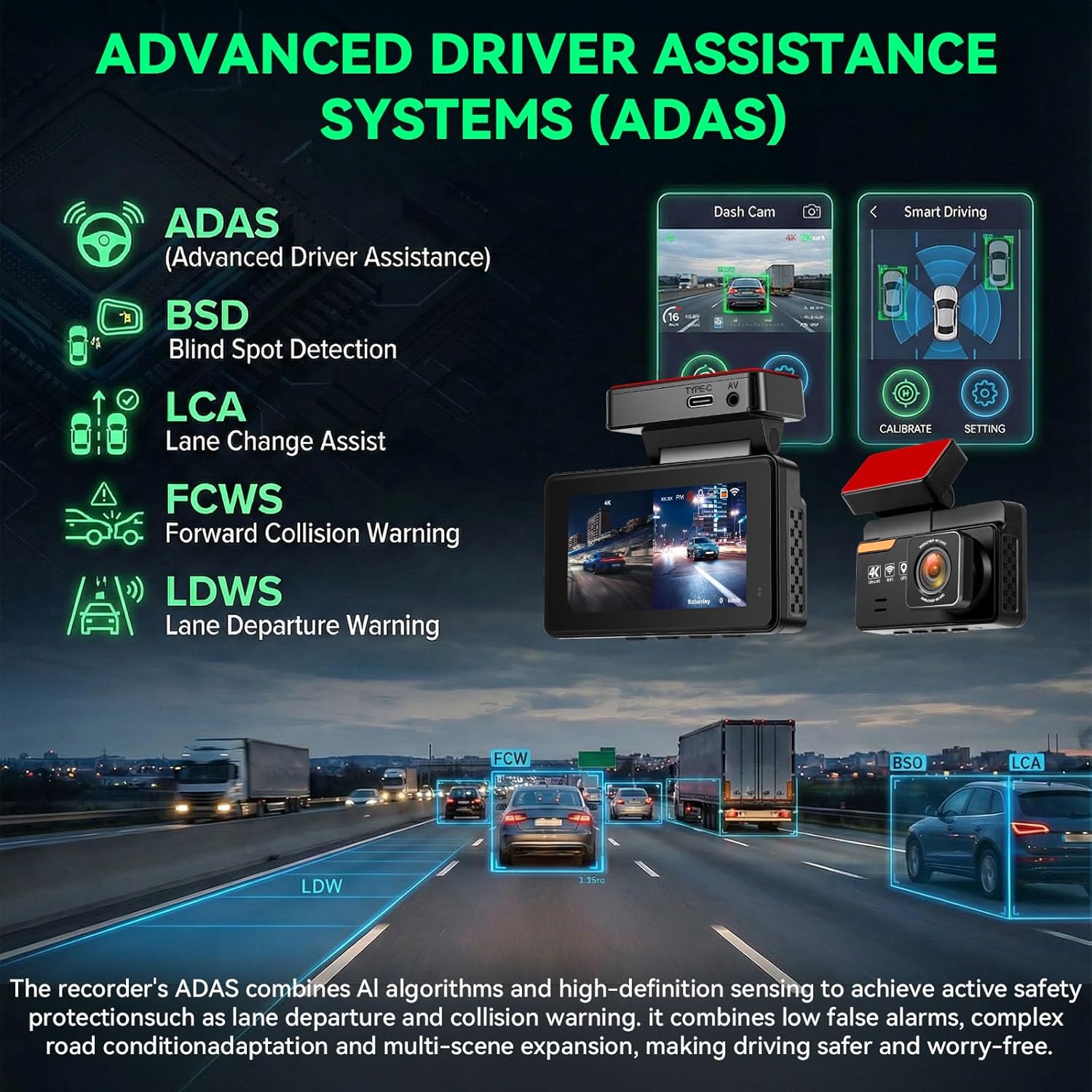 4K Dash Cam Front and Rear Dash Camera for Cars with WiFi GPS App Control ADAS Dashcam,3 inch IPS Screen Dash Cam with G-Sensor,Loop Recording,Night Vision Dashboard Camera