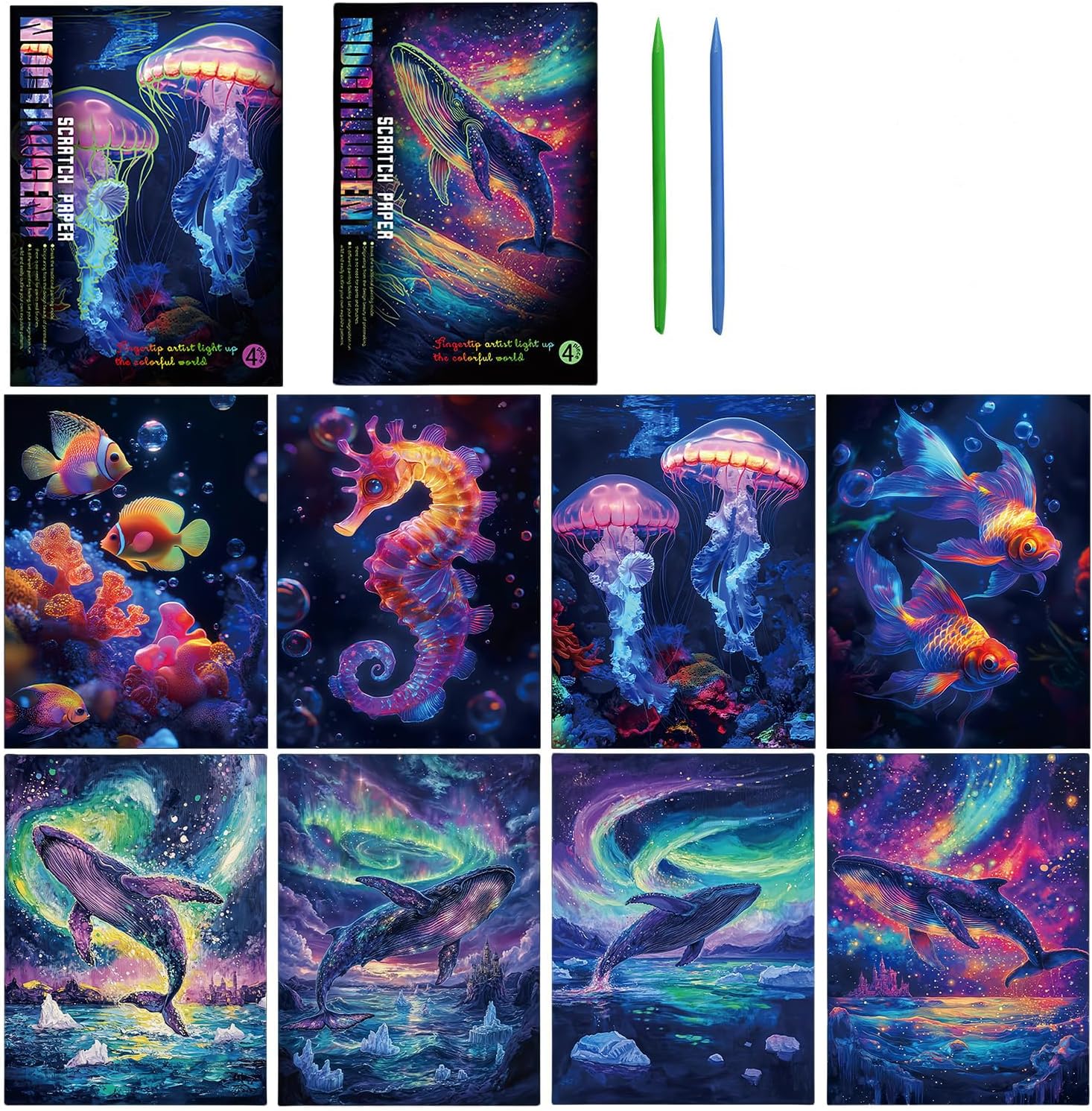 Luminous Scratch Art Kit, 8 PCS Rainbow Scratch Paper with Stylus Tools, Glow in The Dark Creative Craft for Kids and Adults, DIY Art Supplies for Relaxation, Home Decoration