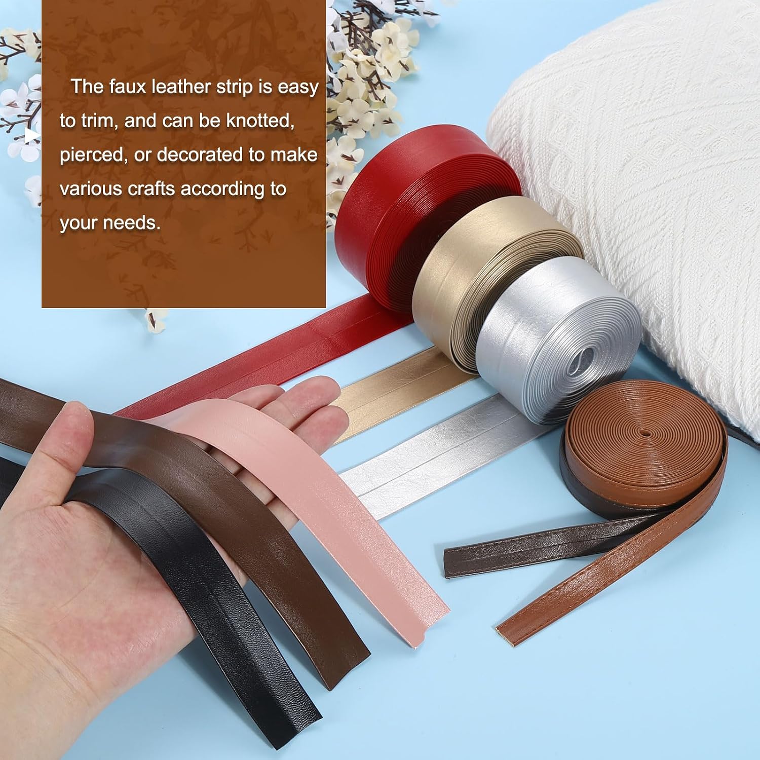 uxcell 5 Yard 12mm PU Faux Leather Strips, Fold Over Leather Strap Roll Double Sided Faux Supplies for DIY Craft Projects, White image 4