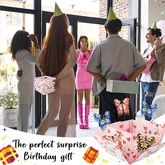 Flying Butterfly Explosion Gift Box with 6 Pcs Flying Butterflies, Surprise Birthday Gift Box with Butterfly, Surprise Cake Boxes for Birthday, Anniversary, Wedding,Graduation Special Occasions Pink