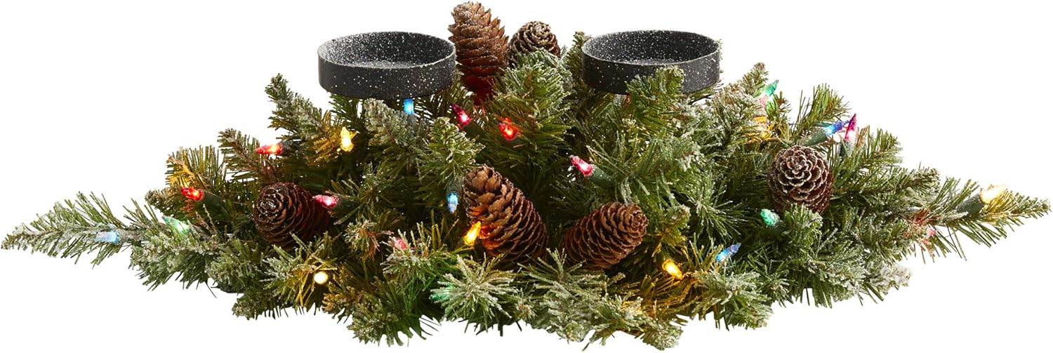 Nearly Natural 24in. Flocked Artificial Christmas Double Candelabrum with 35 Multicolored Lights and Pine Cones