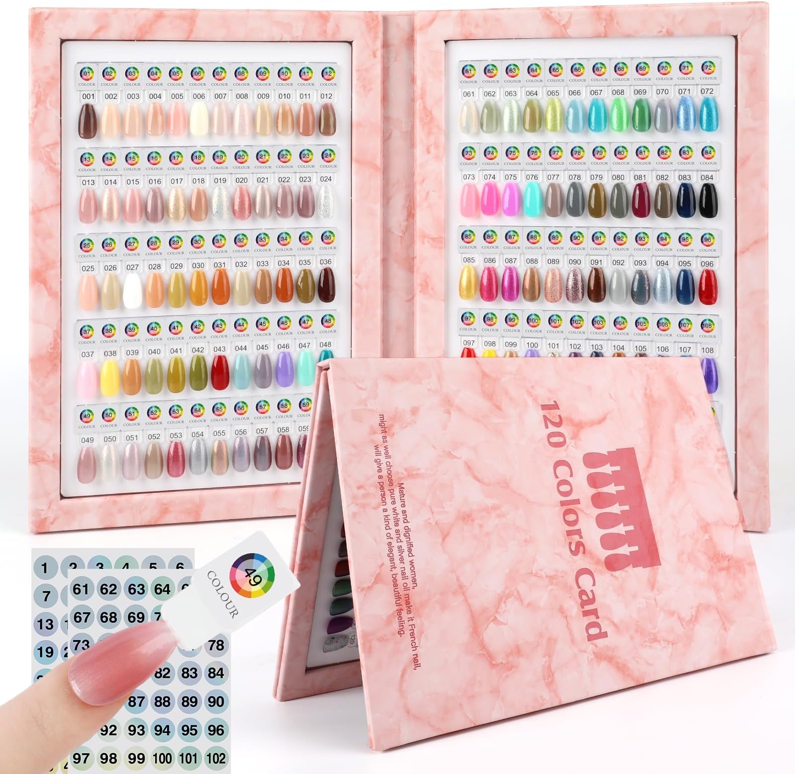 Magnetic Nail Color Book, 120 Colors Nail Display Chart, Leather Nail Sample Display Book Nail Swatch with 168 Magnetic Tips & 1-120 Number Labels, Nail Gel Color Card Book for Nail Polish Art (Pink)