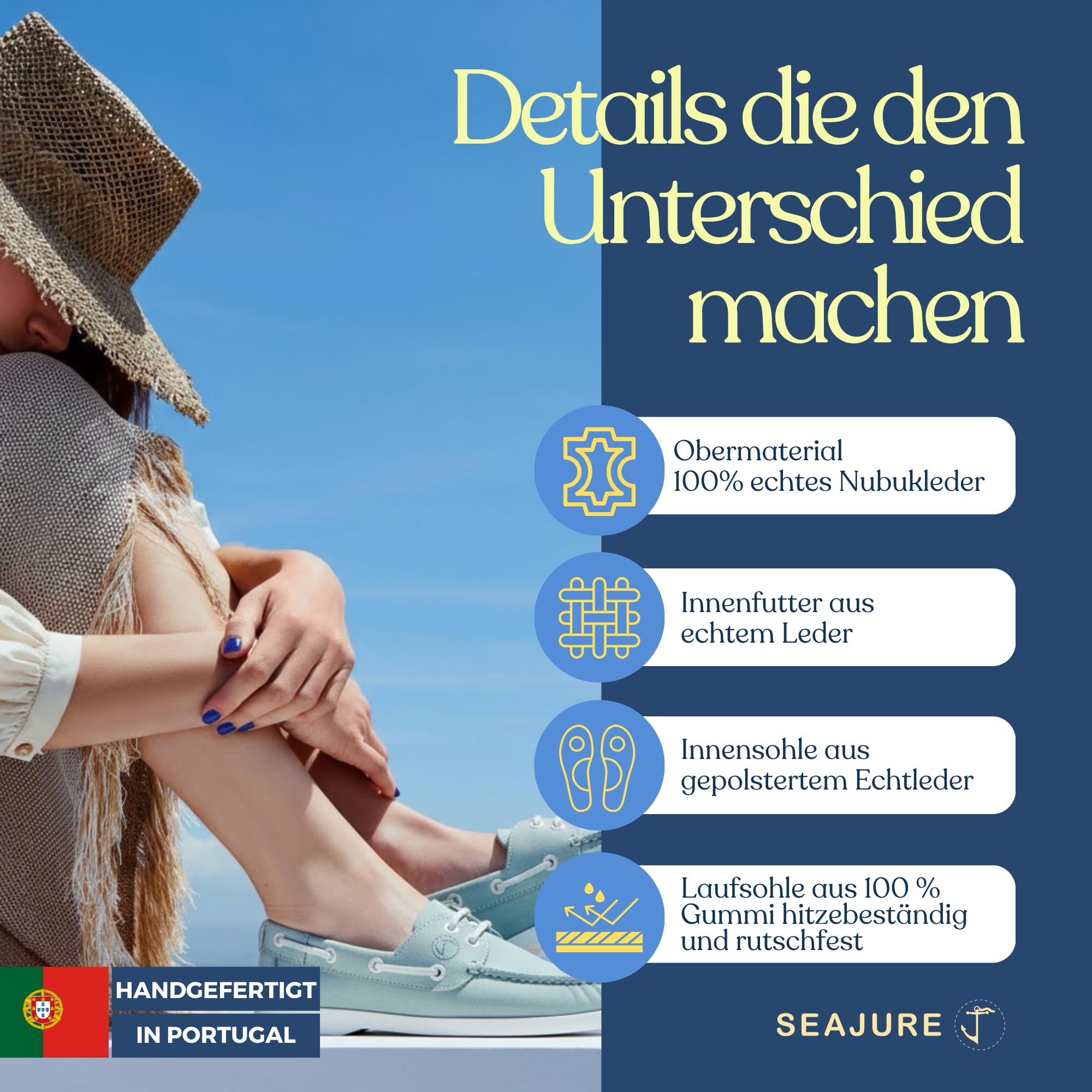 Seajure Nacpan Damen Bootsschuhe Boat Shoes aus Nubukleder in Hellblau, Mokassins Damen im eleganten Nautik Look, Bequeme Lederschuhe für Sommer, Handgefertigt mit Rutschfester Sohle