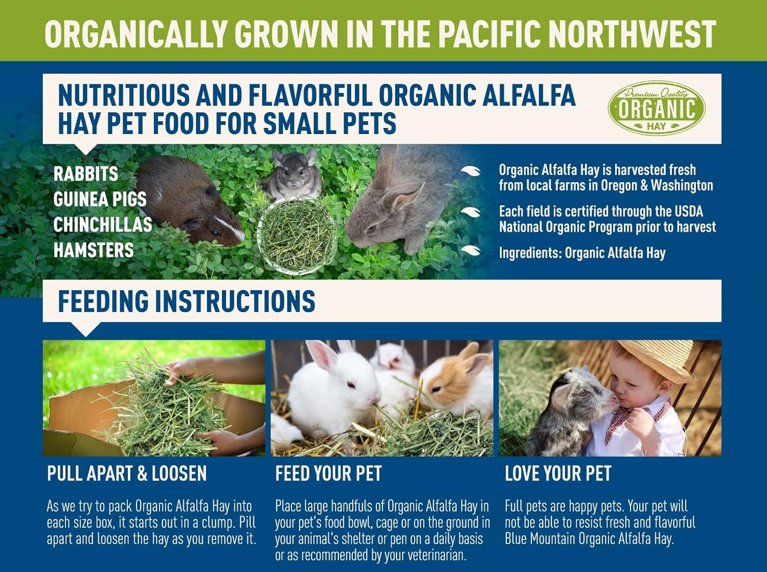 Blue Mountain Hay High-Altitude Organic Alfalfa Hay (5 lb), High Protein Fiber & Mineral Rich, Soft Leafy Texture with High Leaf Retention, Premium Quality Feed for Small Pets and Farm Use