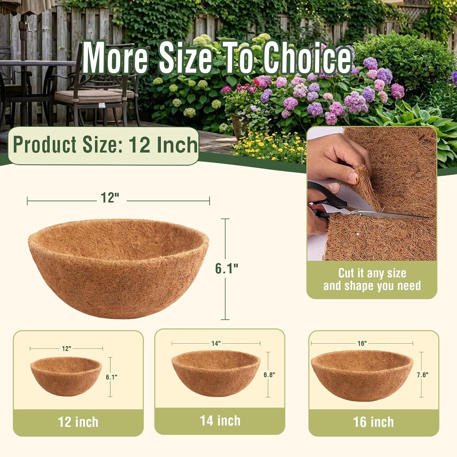3 Pcs 12 Inch Round Coco Liners Replacement for Hanging Basket, 100% Natural Coconut Fiber for Plants, Pre-Formed Coconut Fiber Plant Basket Liner for Planters, Flowers, Vegetables