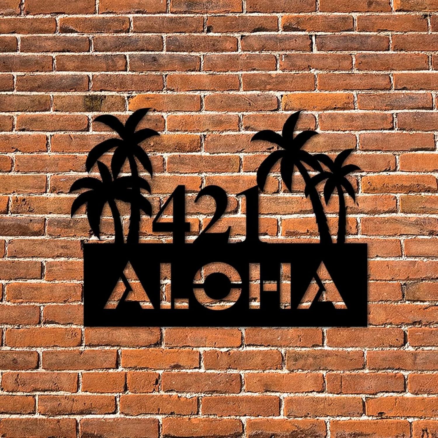Address Plaque Personalised Personalized Palm Tree House Number Address Metal Sign 7 House Number Sign Wall Mounted Sign Outdoor Decor Metal Modern for House, Street, Door 3D Easy Mouting Black