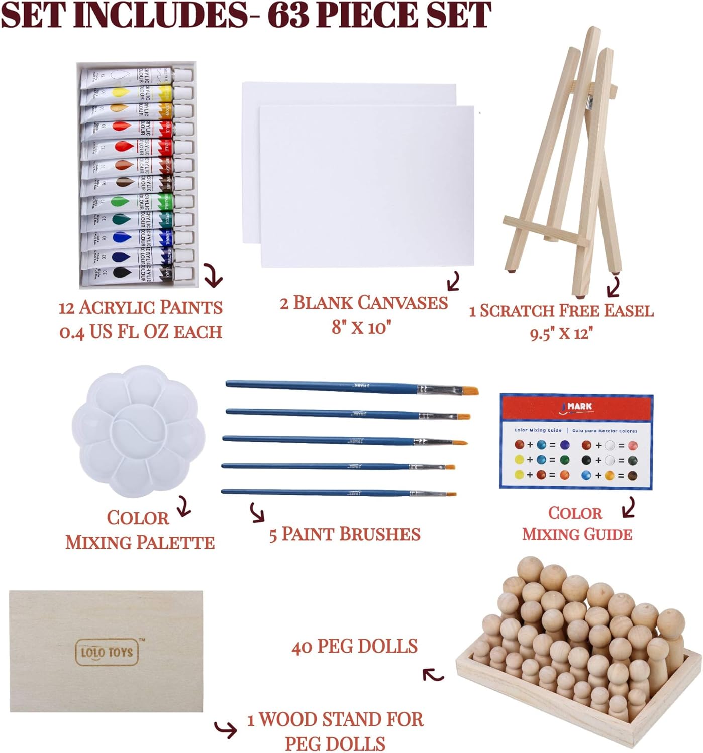 Art Canvas Paint Set Supplies – 63 Piece Paint Kit Canvas Acrylic Painting Kit with Wood Easel & Peg Dolls, 8x10 inch Canvases, 12 Non Toxic Washable Paints, 5 Brushes, Palette and Color Mixing Guide