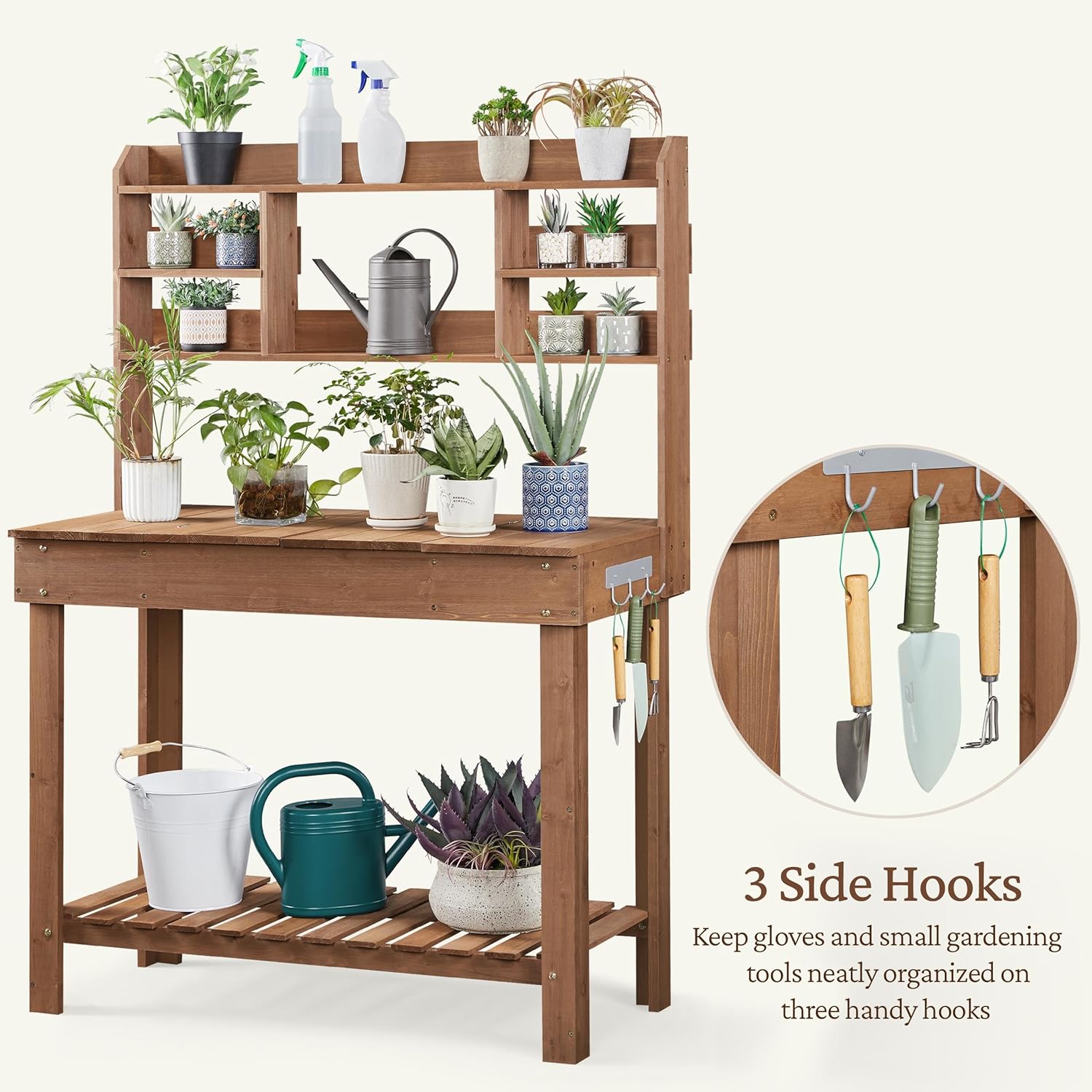 Yaheetech Potting Bench Table Horticulture Germination Table & Outdoor Garden Work Bench Platform w/Display Rack/Storage Shelf/Hanger/Thoughtful Sink Brown