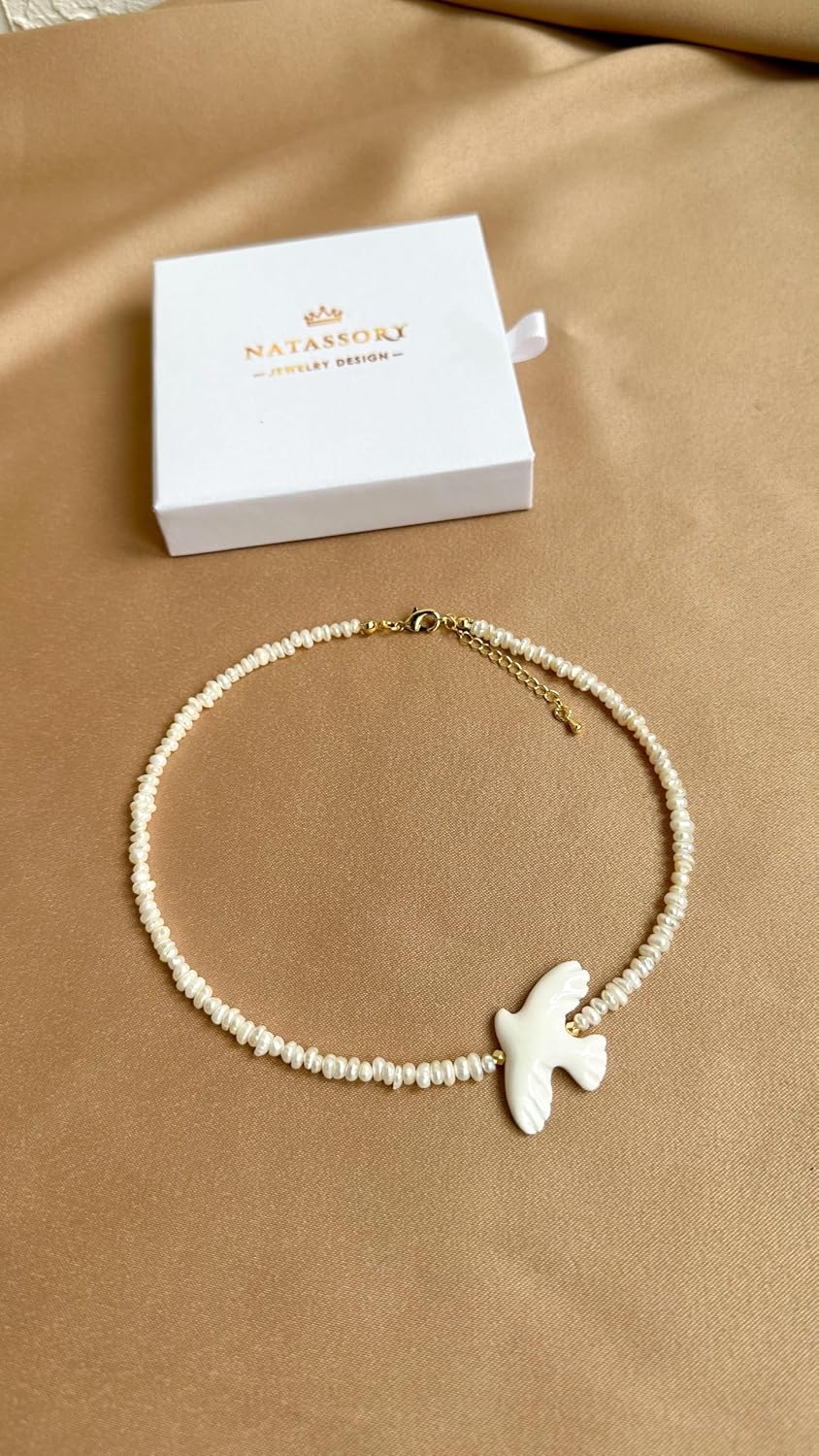 Flying dove bird necklace white freshwater pearl choker ceramic bird pendant Ukrainian jewelry