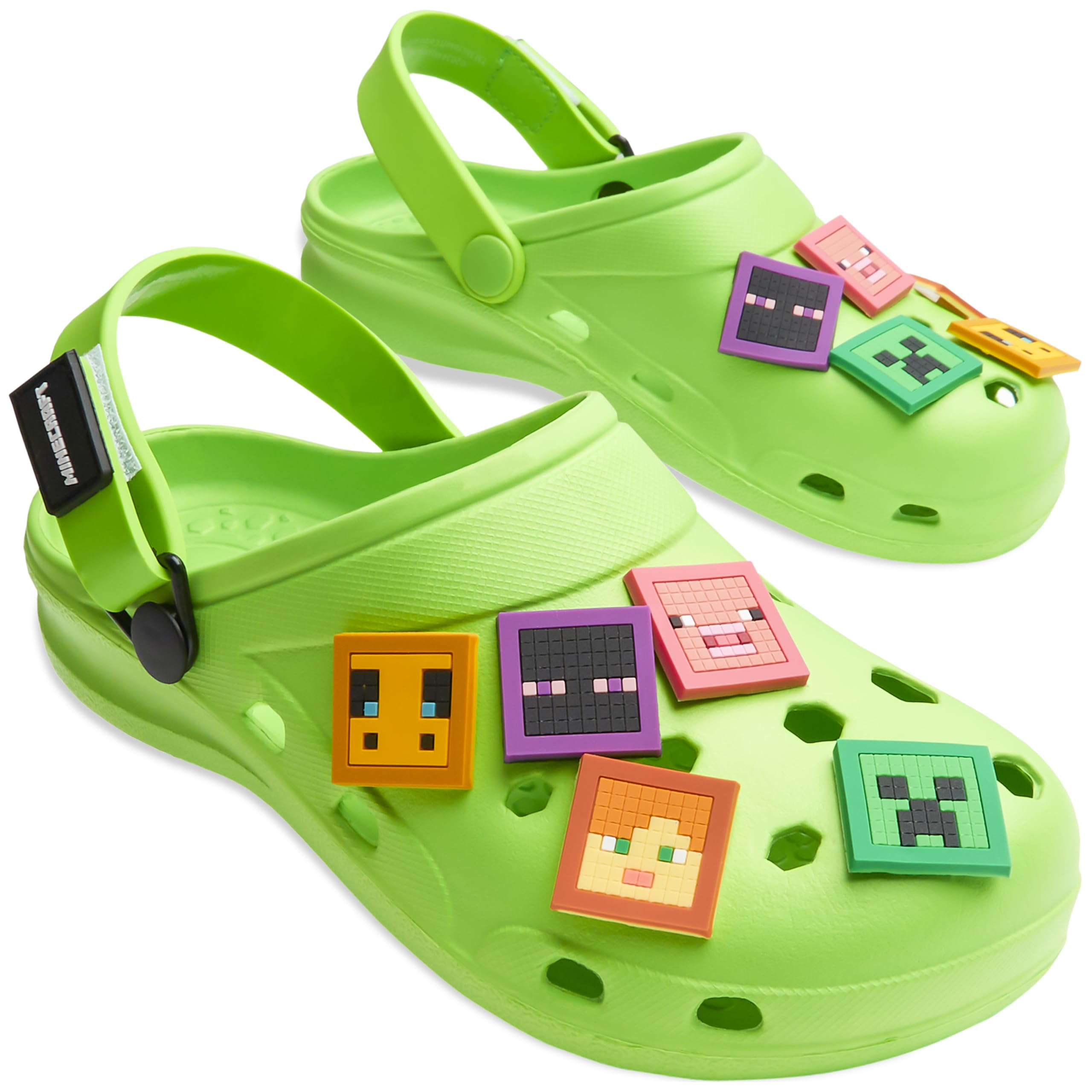 Minecraft Hausschuhe Clogs Kinder Junge mit oder ohne Schuh Charms Fersenriemen Kinderhausschuhe für Garten Strand Freizeit (Grün mit Charms, 34/35 EU)
