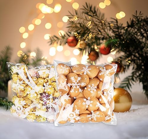 Miniatura 7 de 200 bolsas de golosinas de Navidad, bolsas de 5.5 x 5.5 pulgadas, bolsas de galletas de copo de nieve autosellantes, bolsas transparentes de
