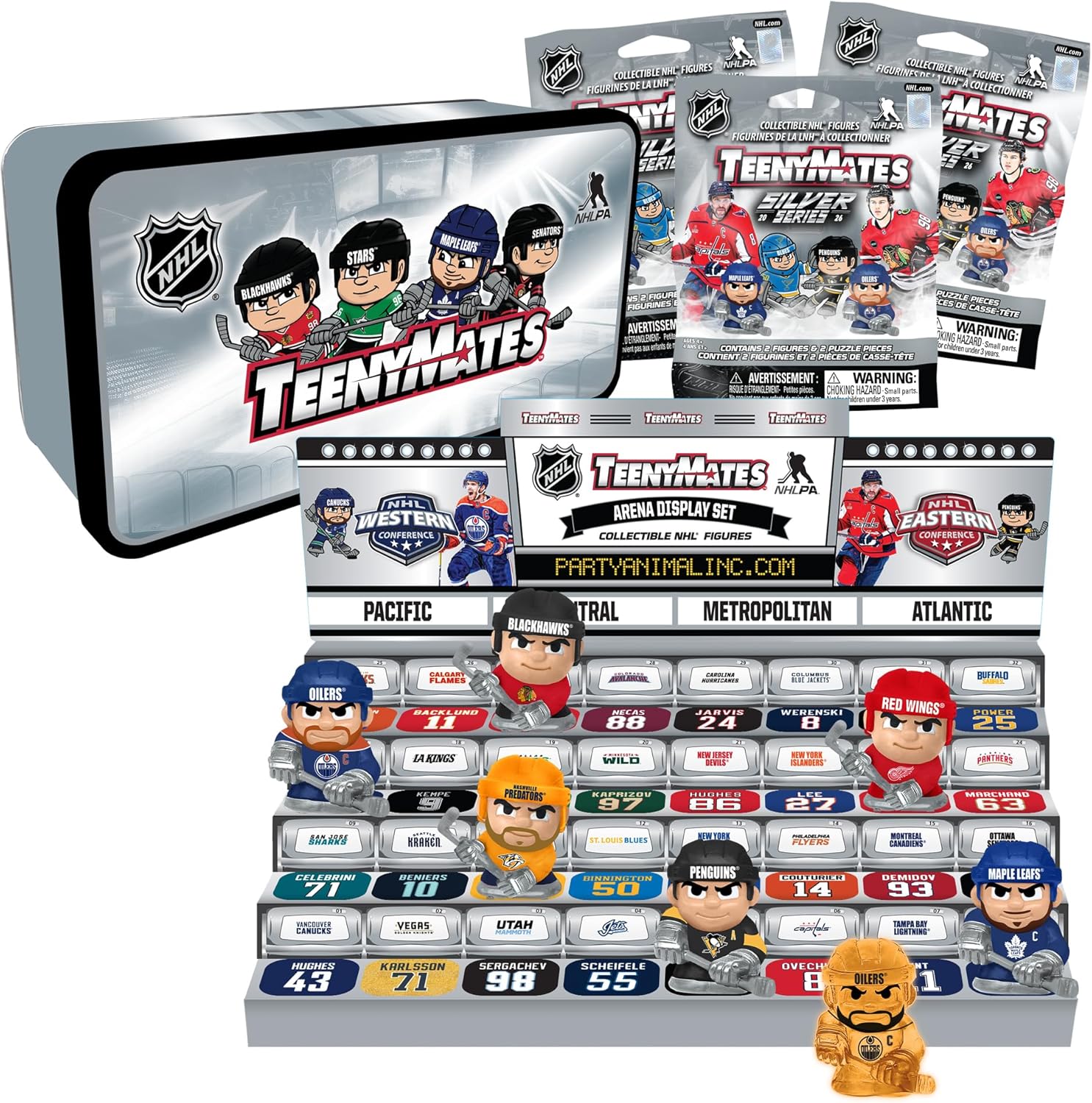 TeenyMates NHL Hockey Action Figures Gift Set, 2026 Licensed Collector’s Tin and 3 TeenyMates Packs (6 Figures Total)