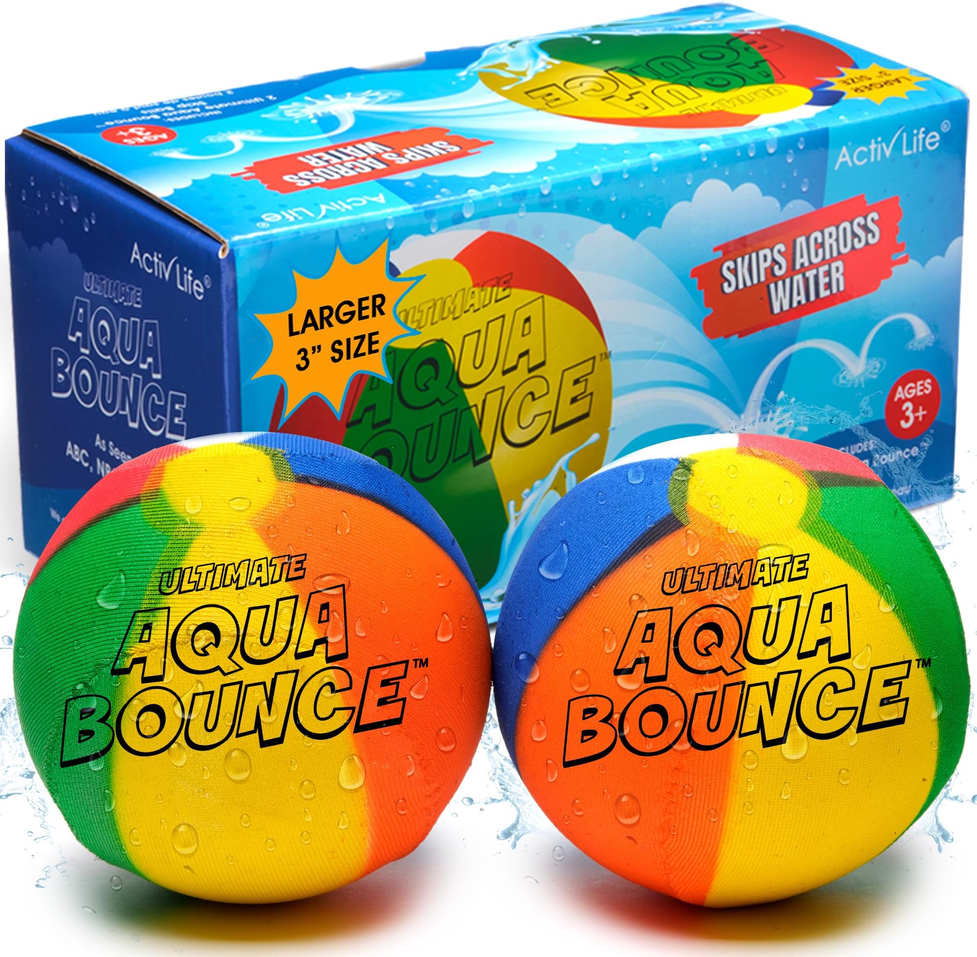 Activ Life Ultimate 2 Pack Larger 3” Water Skip Balls - Bouncing Balls for Swimming Pool & Beach Fun - Designs Include Baseball, Basketball, Volleyball, and Tennis for Kids, Friends, and Family