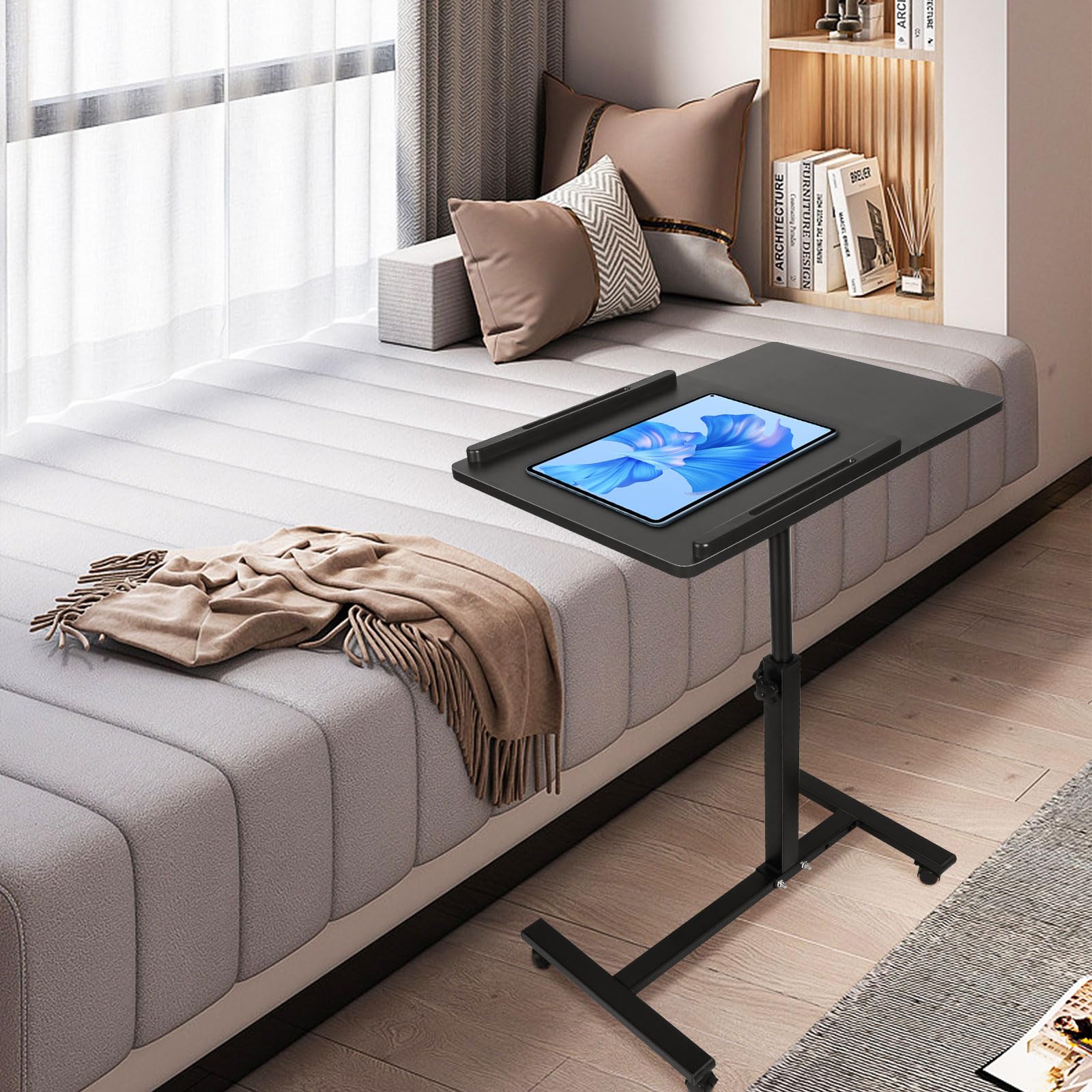 HUOLE Scrivania in piedi mobile con 4 ruote, scrivania in piedi su ruote, scrivania in piedi regolabile in altezza, tavolo da letto per soggiorno, camera da letto, 61 x 44 x 65/95 cm, nero
