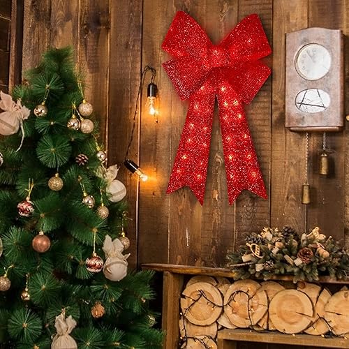 Miniatura 2 de XMASLAND 32 pulgadas 72 LED parpadeantes rojos lazos de Navidad con luces LED, decoración de árbol de Navidad, corona de lazo para decoración de