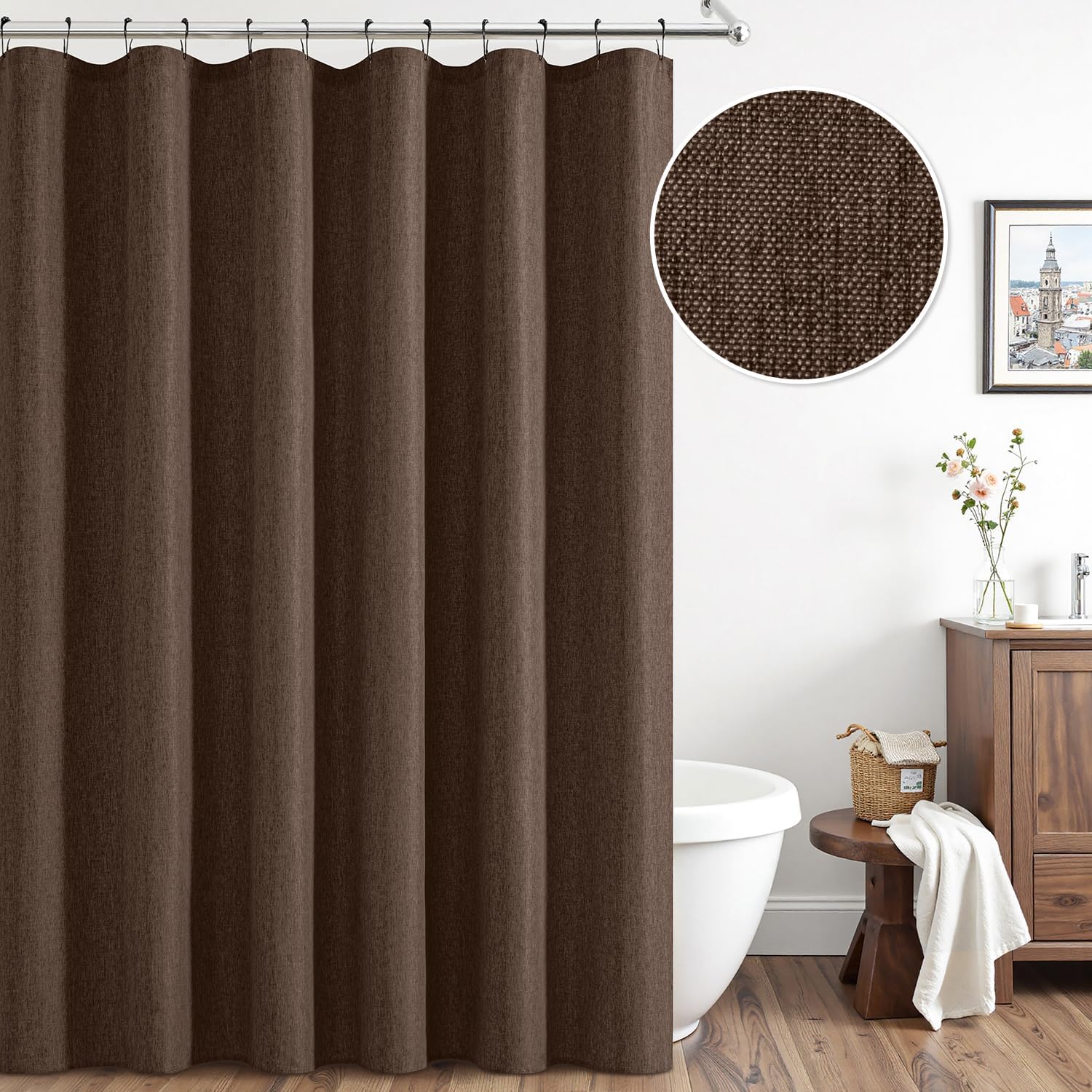 anroduo extra long linen shower curtain, 84 inch long fabric shower curtain set with 12 metal hooks, waterproof & heavy duty polyester, button hole design, machine washable for bathroom, 72x84, brown brown 72"w x 84"l (pack of 1)