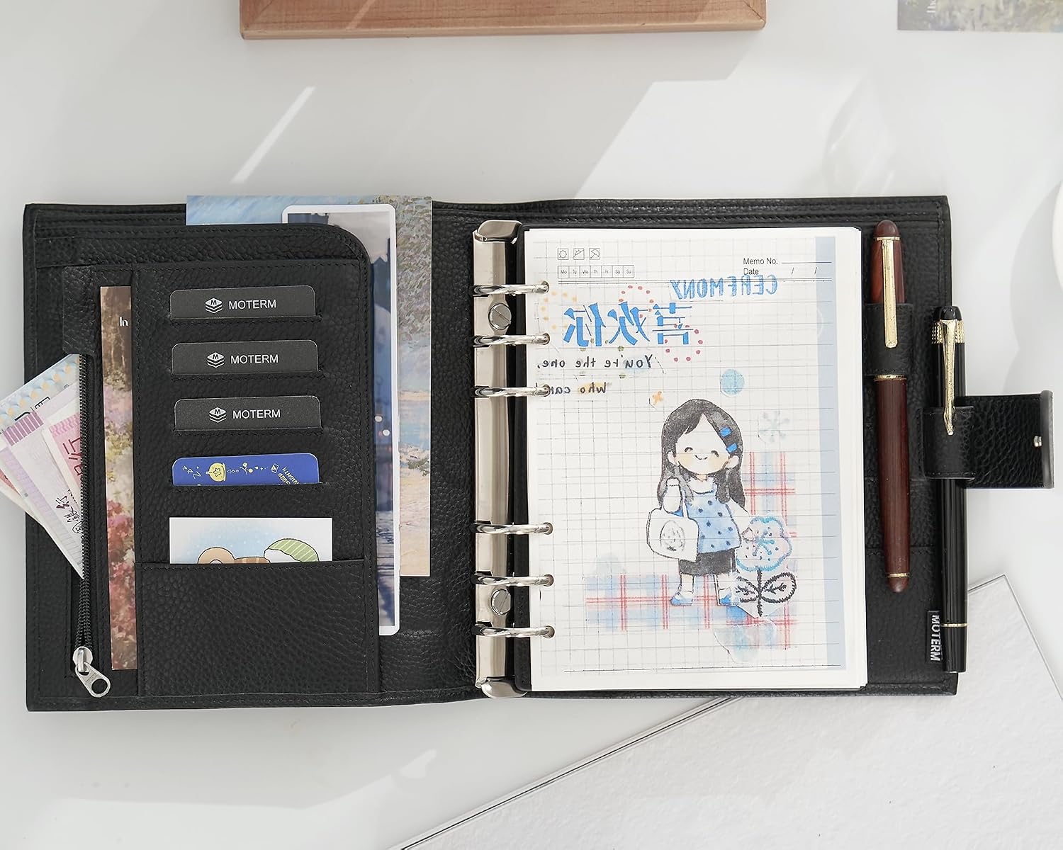 Moterm Personal-Wide Luxe Rings Planner - Genuine Leather Binder Organizer (Pebbled-Black, 30mm Ring)