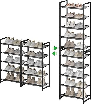 10 Tier Shoe Rack, Tall Metal Shoe Storage with Adjustable Shelves, Holds 20-25 Pairs, Stackable Shoe Stand for Garage Hallway Bedroom, Black
