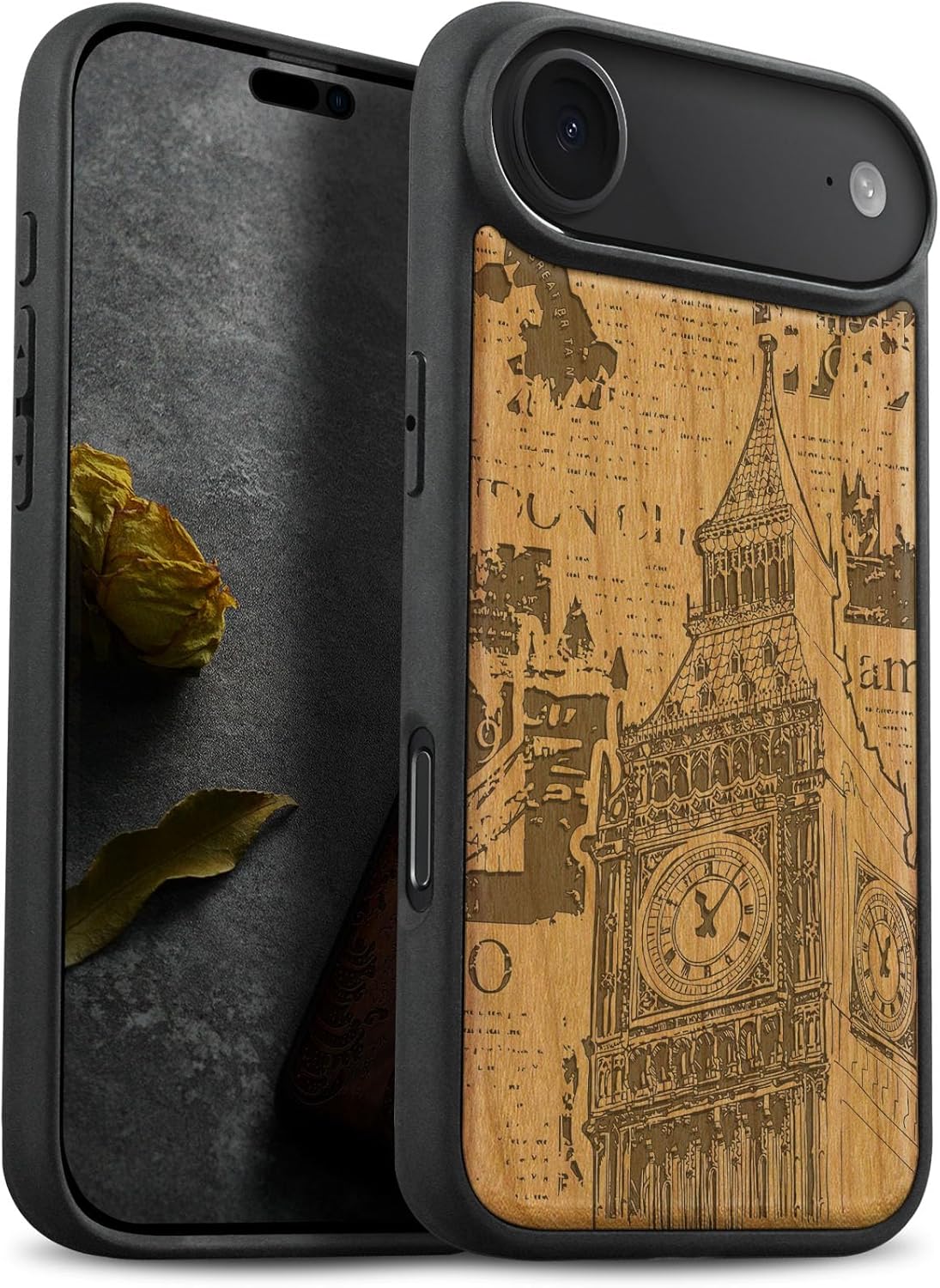 Carveit Magnetic Wooden Case for iPhone Air Case, Wood Artisan Engraved & Soft TPU Shockproof Cover, Compatible with MagSafe 17 Air Wireless Chargers (Big Ben Amidst Newsprint) Cherry