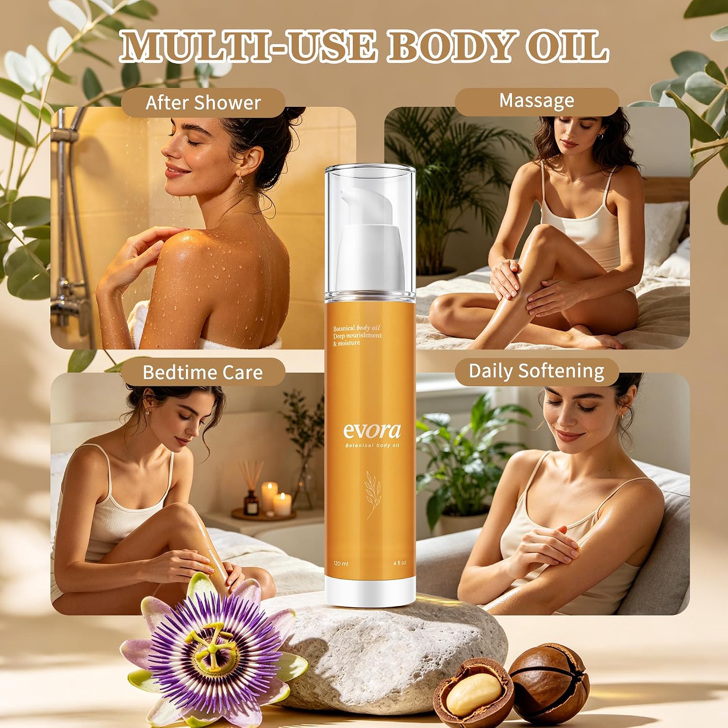 Firming Massage Oil for Smoother Skin, Non-Greasy Hydrating Body Oil, Made from Wakame Algae, Brazil Nut & Passionflower Seed Oils 4 Fl Oz